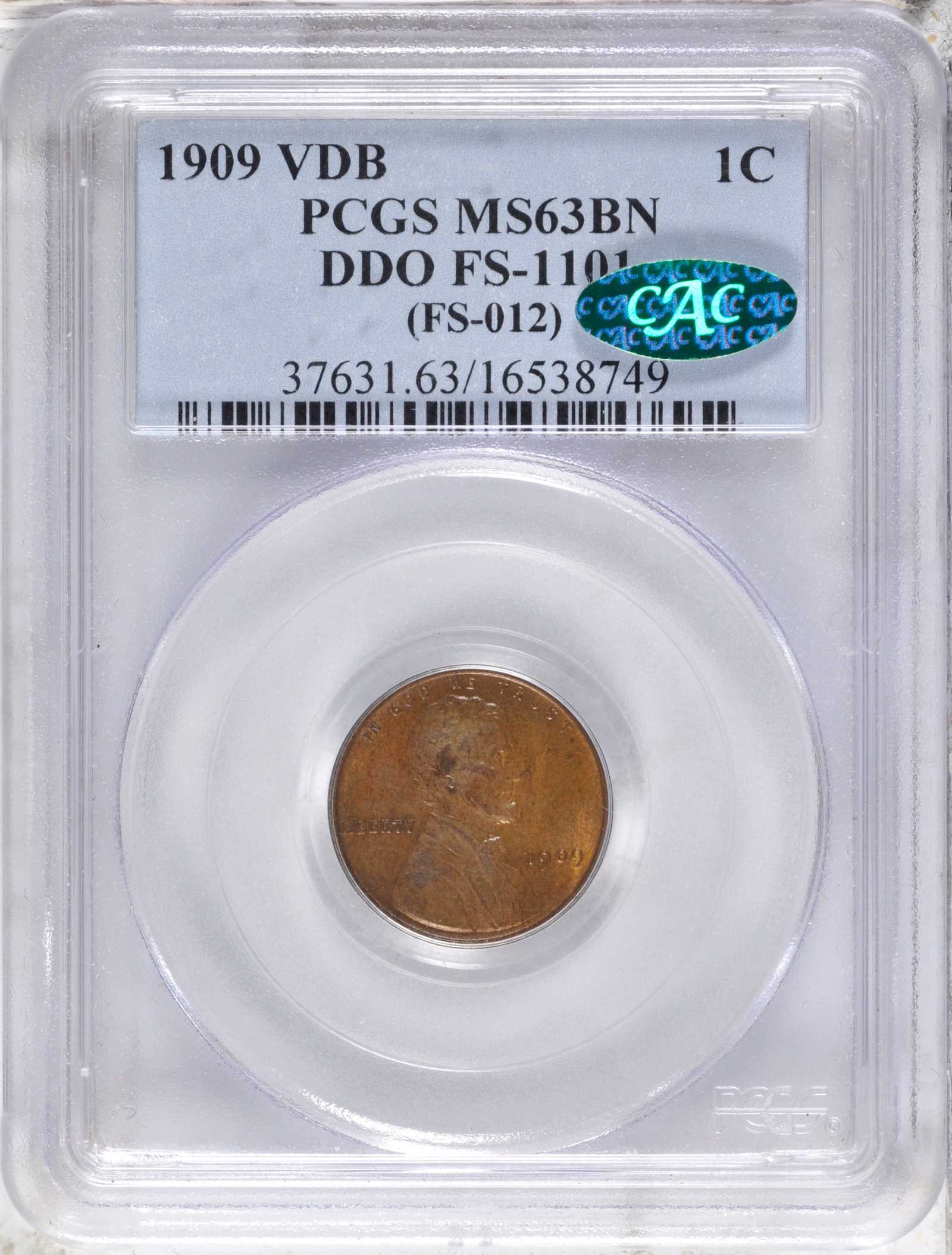 1909 VDB 1c Doubled Die Obverse, FS-1101 MS BN VG10 BN CAC thumbnail 13