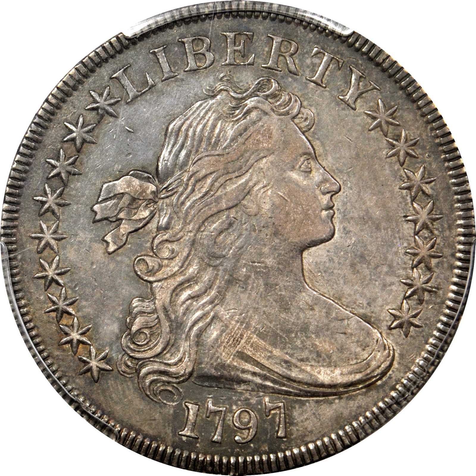 1797 Draped Bust Silver Dollar. BB-72, B-2. Rarity-4. Stars 9x7, Small Letters. AU-50 (PCGS). Secure Holder.