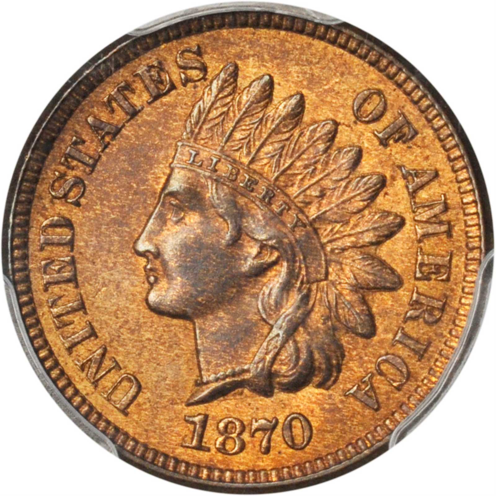 1870 Indian Cent. Bold N. Snow-1, FS-101. Doubled Die Obverse, Repunched Date, Doubled Die Reverse. MS-64 RB (PCGS).