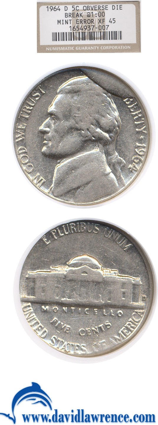 1964-D 5c NGC XF45 - Obverse Die Break at 1:00