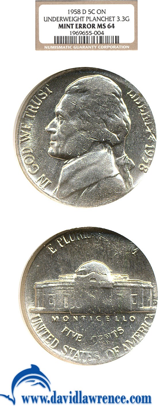 1958-D 5c NGC MS64 - Underweight Planchet (3.3g)