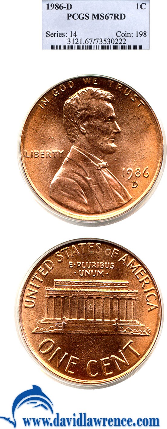 1986-D 1c PCGS MS67 RD