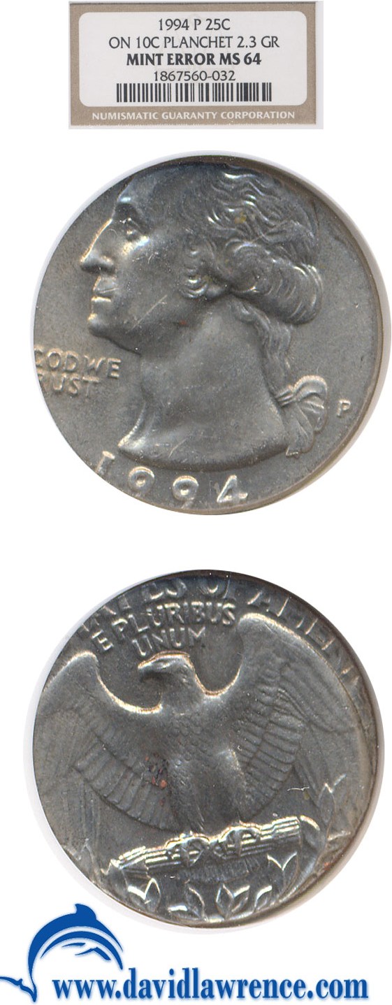 1994-P 25c NGC MS64 - struck on 10c planchet (2.3g)