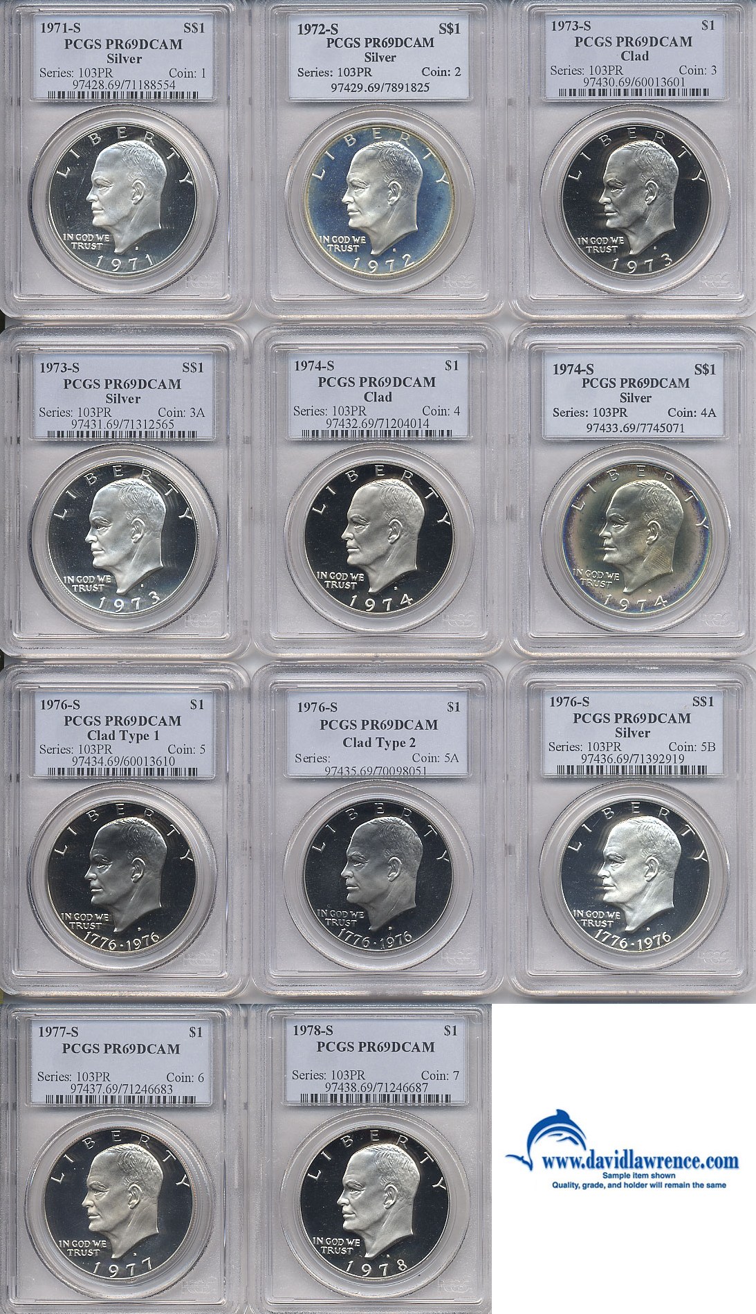 1971-78-S 11 Piece Proof Eisenhower Set PCGS Proof 69 DCameo
