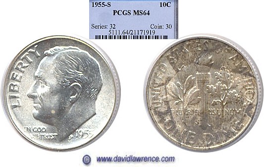 1955-S 10c PCGS MS64