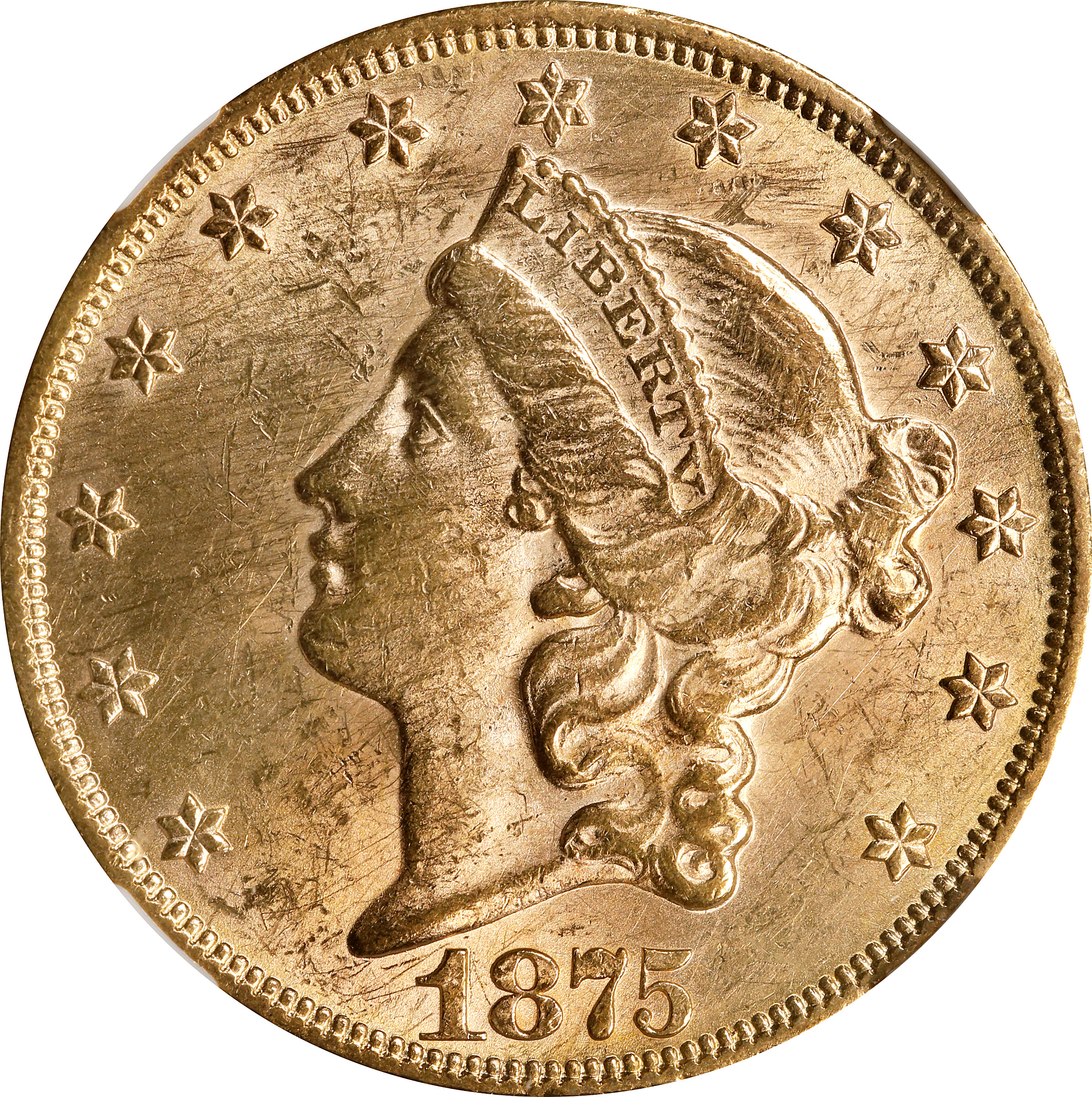 1875 Liberty Head Double Eagle. Unc Details--Improperly Cleaned (NGC).