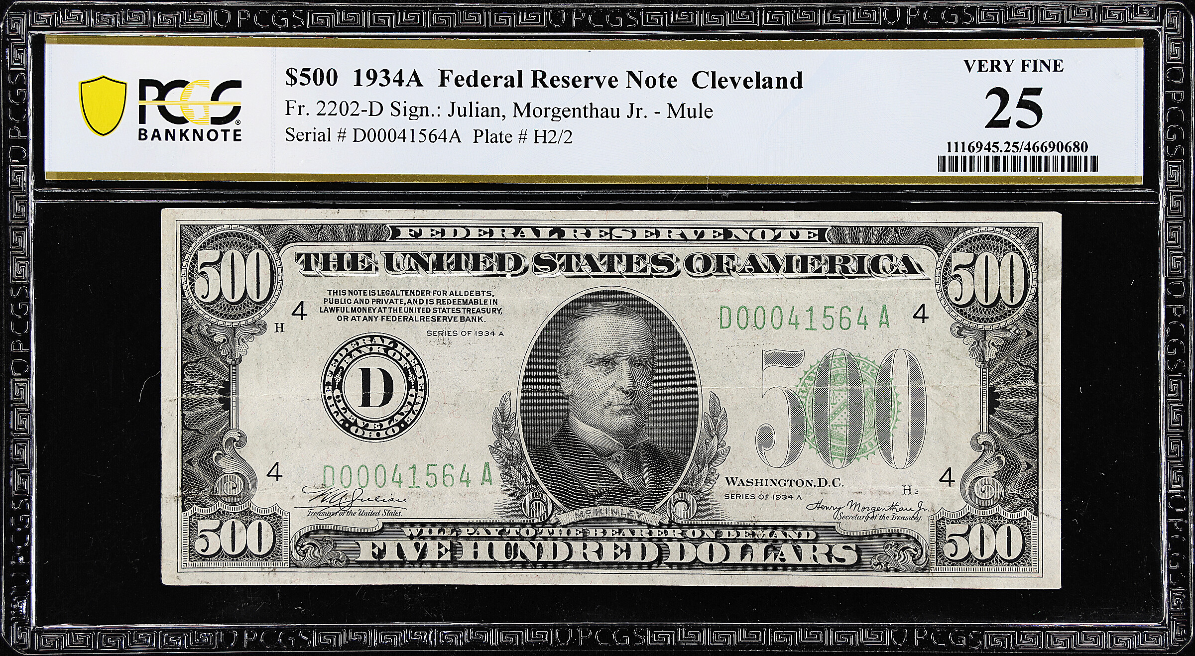 Fr. 2202-D. 1934A $500 Federal Reserve Mule Note. Cleveland. PCGS Banknote Very Fine 25.