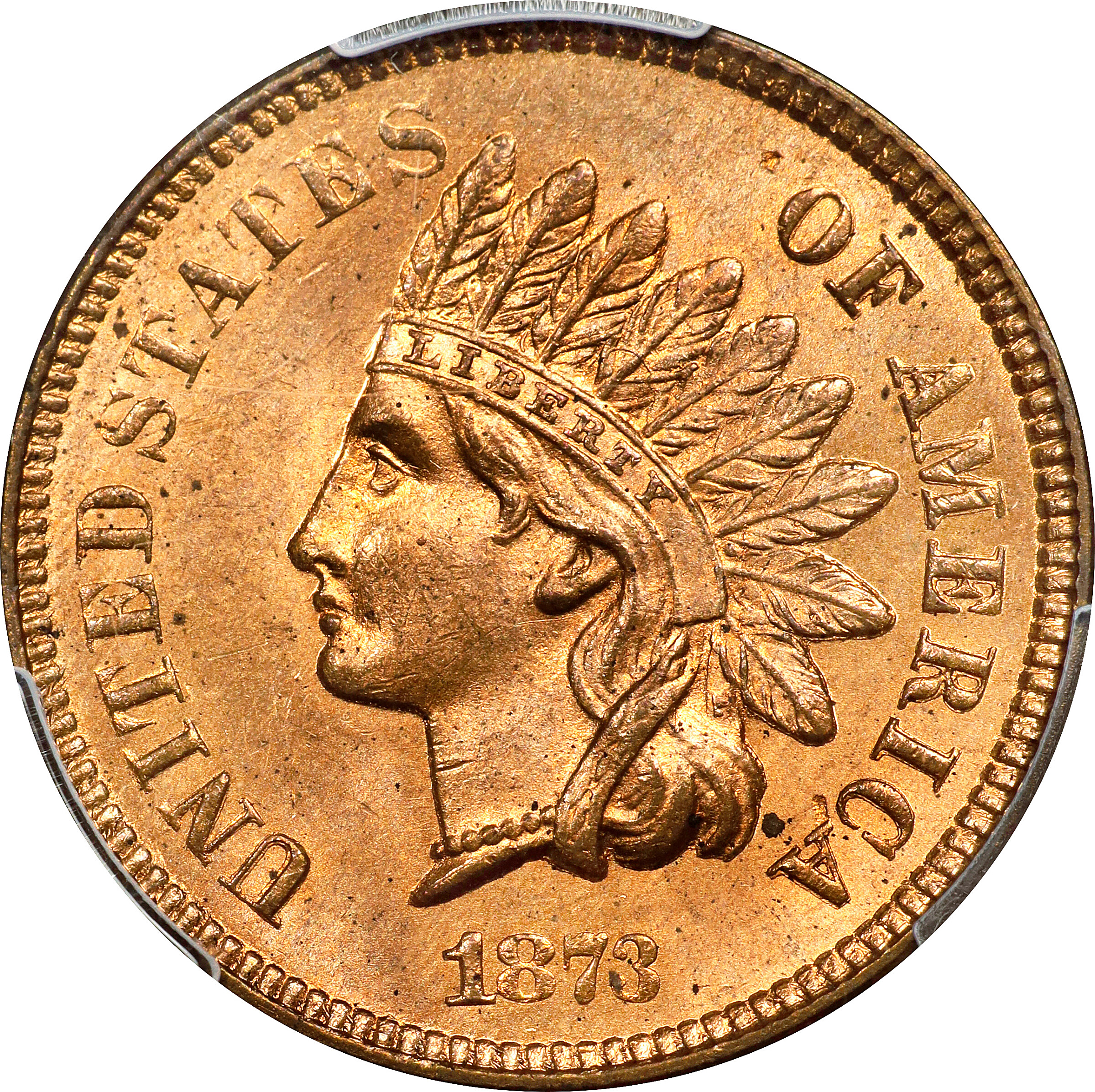 1873 Indian Cent. Open 3. MS-64 RD (PCGS).