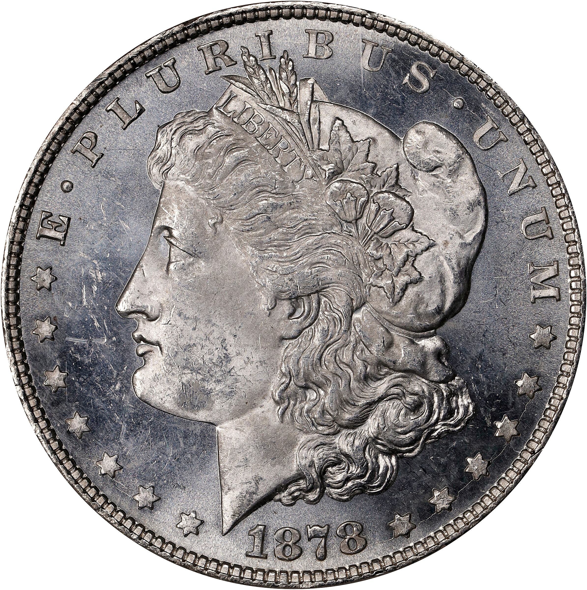 1878 Morgan Silver Dollar. 8 Tailfeathers. VAM-1. Spear Point. MS-63 (NGC).