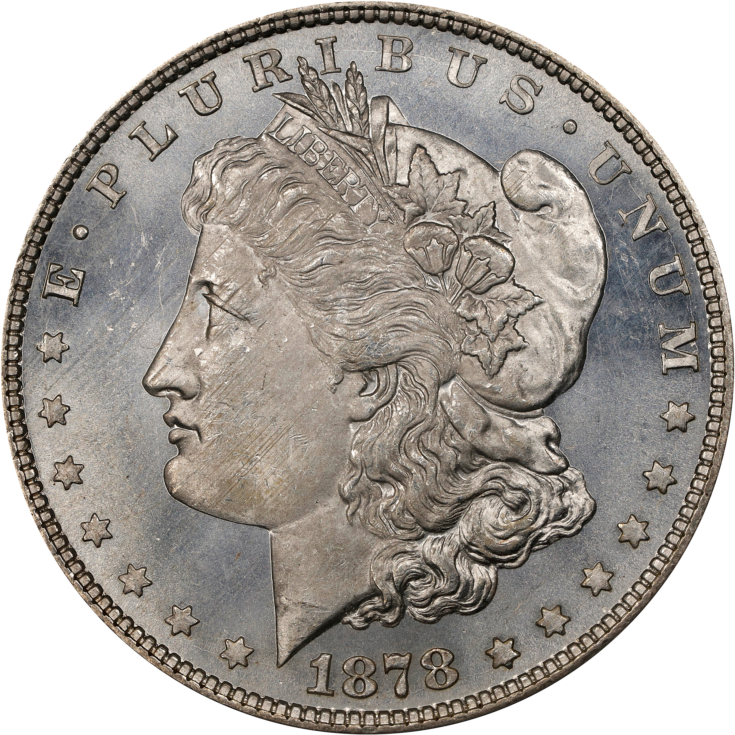 1878 Morgan Silver Dollar. 8 Tailfeathers. VAM-1. Spear Point. MS-63 (ANACS).
