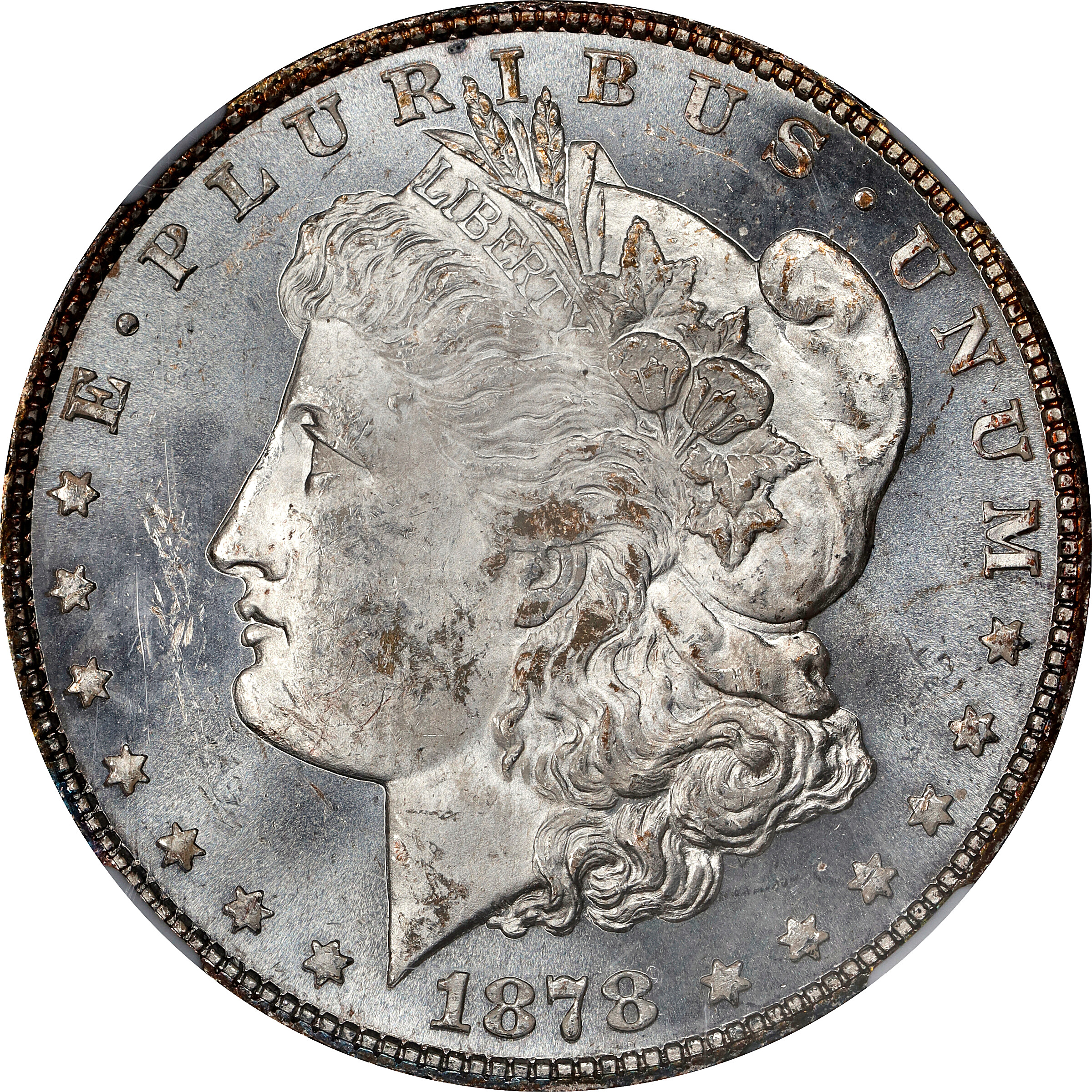 1878 Morgan Silver Dollar. 8 Tailfeathers. VAM-23. Top 100 Variety. Doubled Profile. MS-62 PL (NGC).