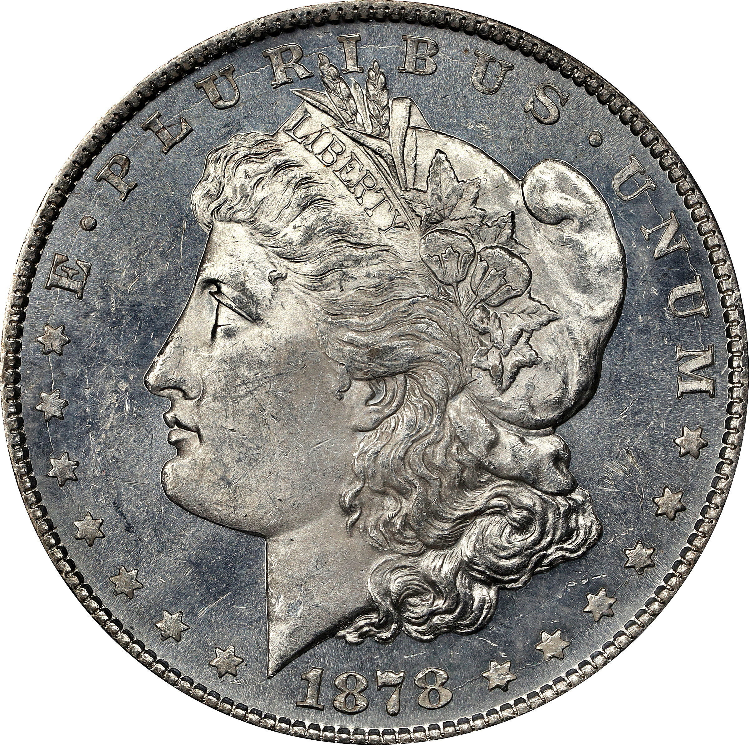 1878 Morgan Silver Dollar. 8 Tailfeathers. VAM-5. Top 100 Variety. Doubled RIB. MS-62 (PCGS). CAC.