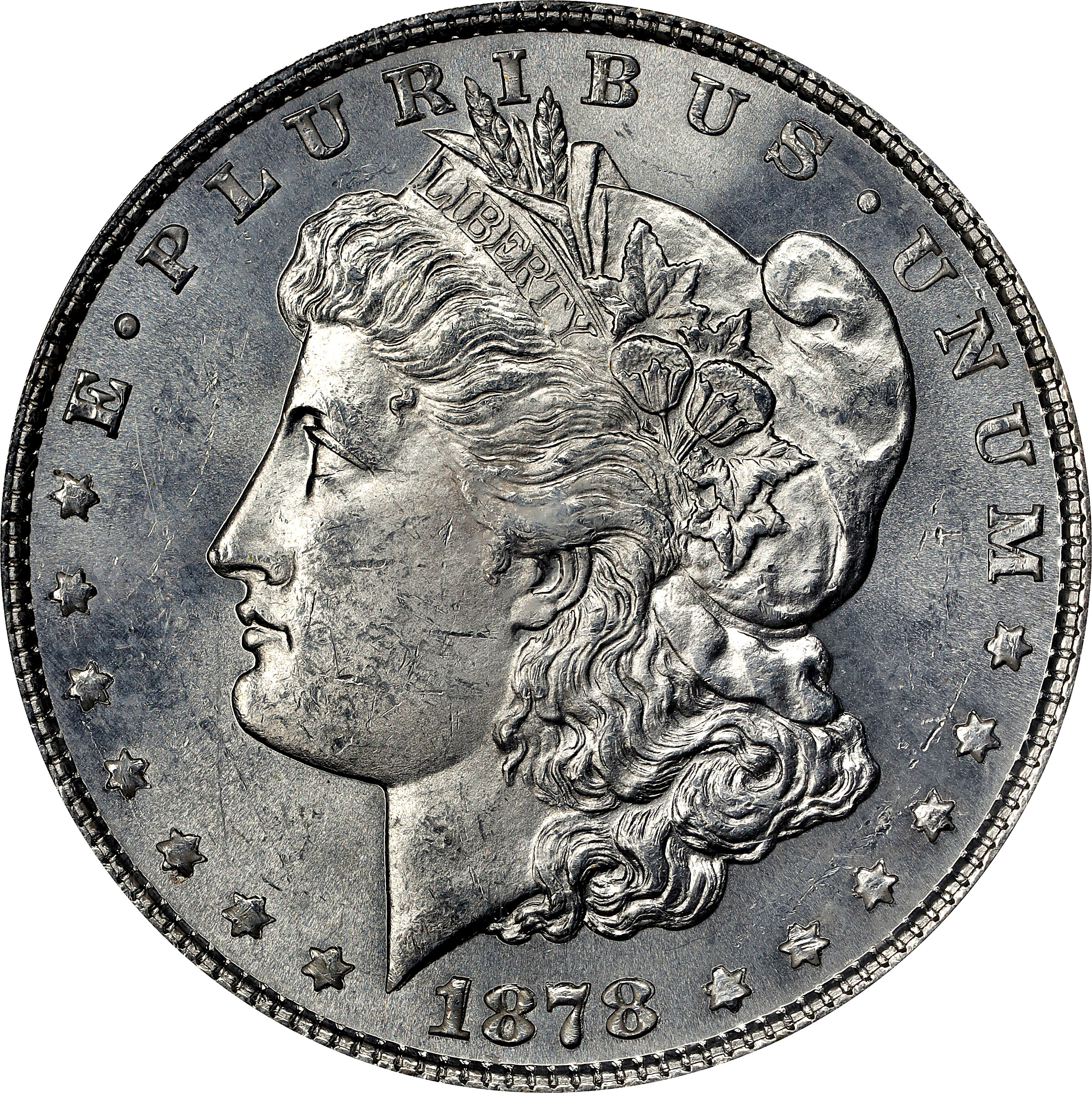 1878 Morgan Silver Dollar. 8 Tailfeathers. VAM-19. Doubled Date. MS-62 (PCGS).