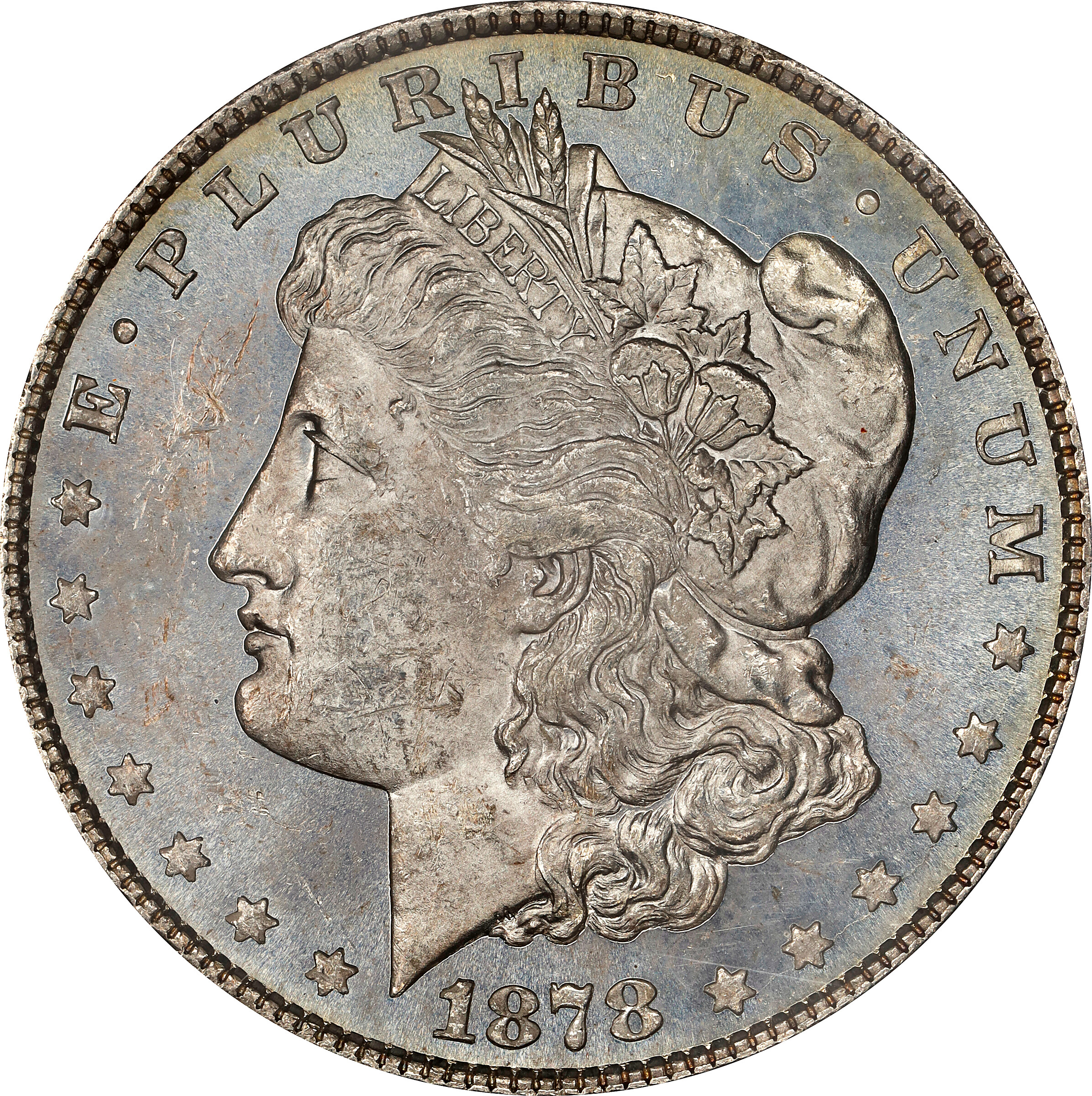 1878 Morgan Silver Dollar. 8 Tailfeathers. VAM-10. MS-62 (NGC).