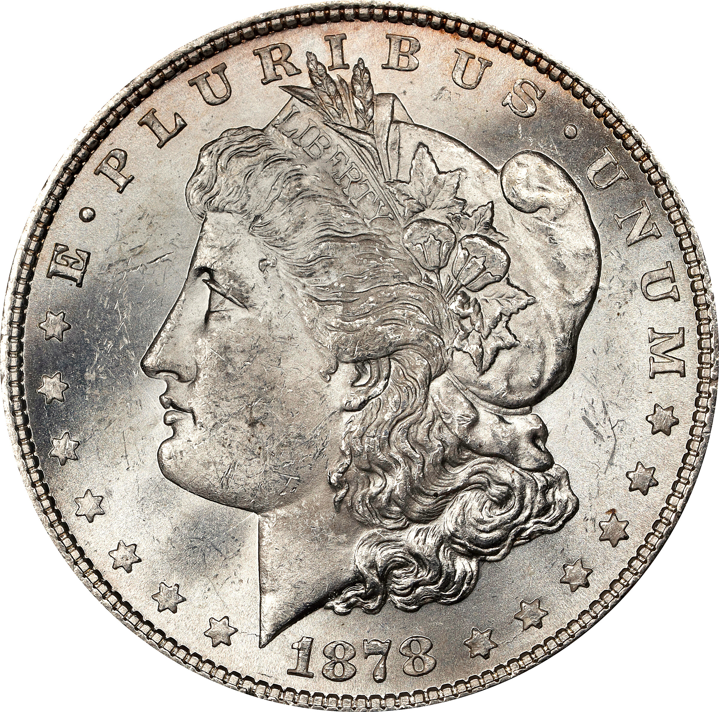 1878 Morgan Silver Dollar. 8 Tailfeathers. VAM-14.4. Hot 50 Variety. Concave Reverse. MS-62 (NGC).