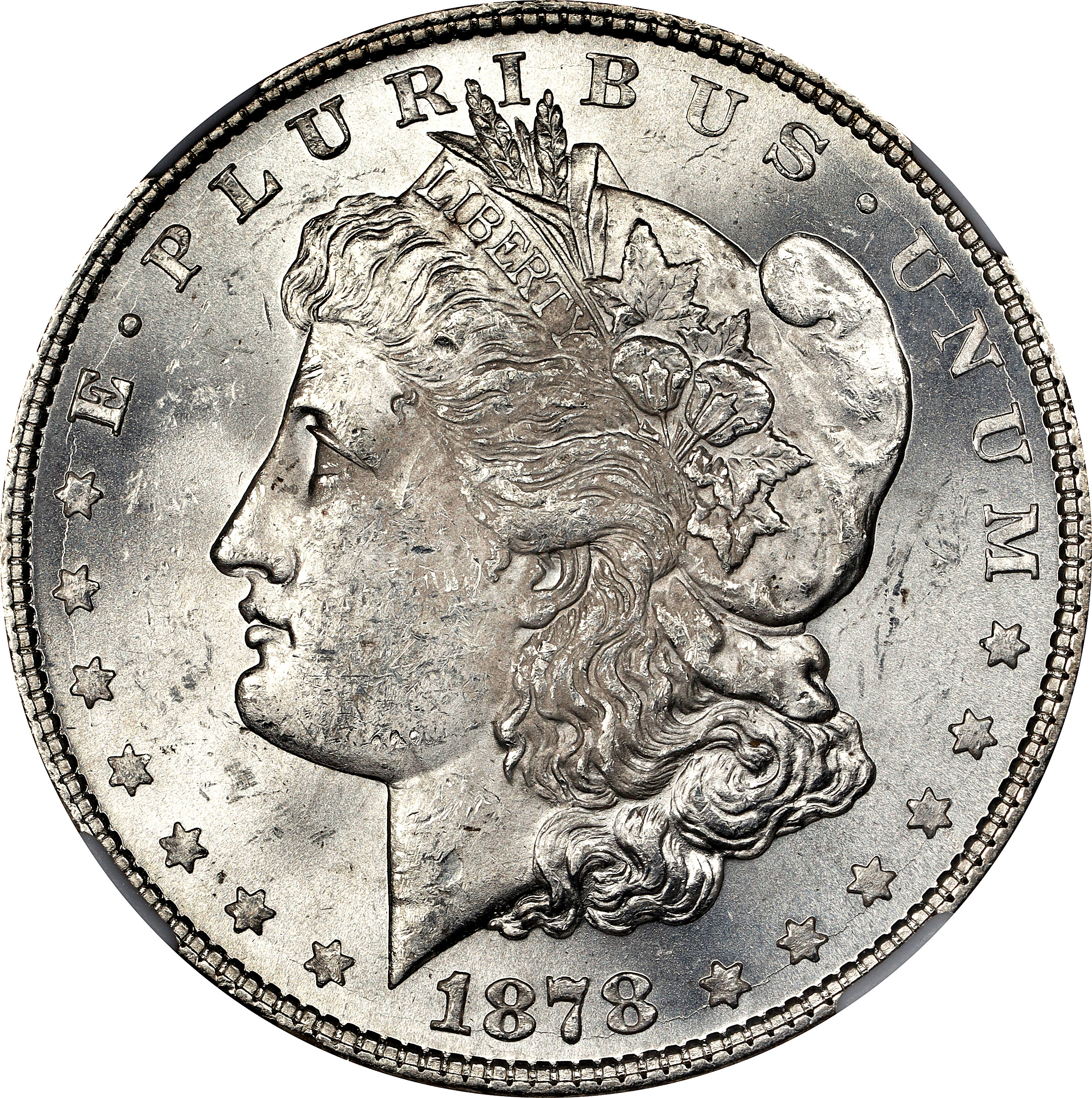 1878 Morgan Silver Dollar. 8 Tailfeathers. VAM-8. Hot 50 Variety. Stick Feather. MS-61 (NGC).