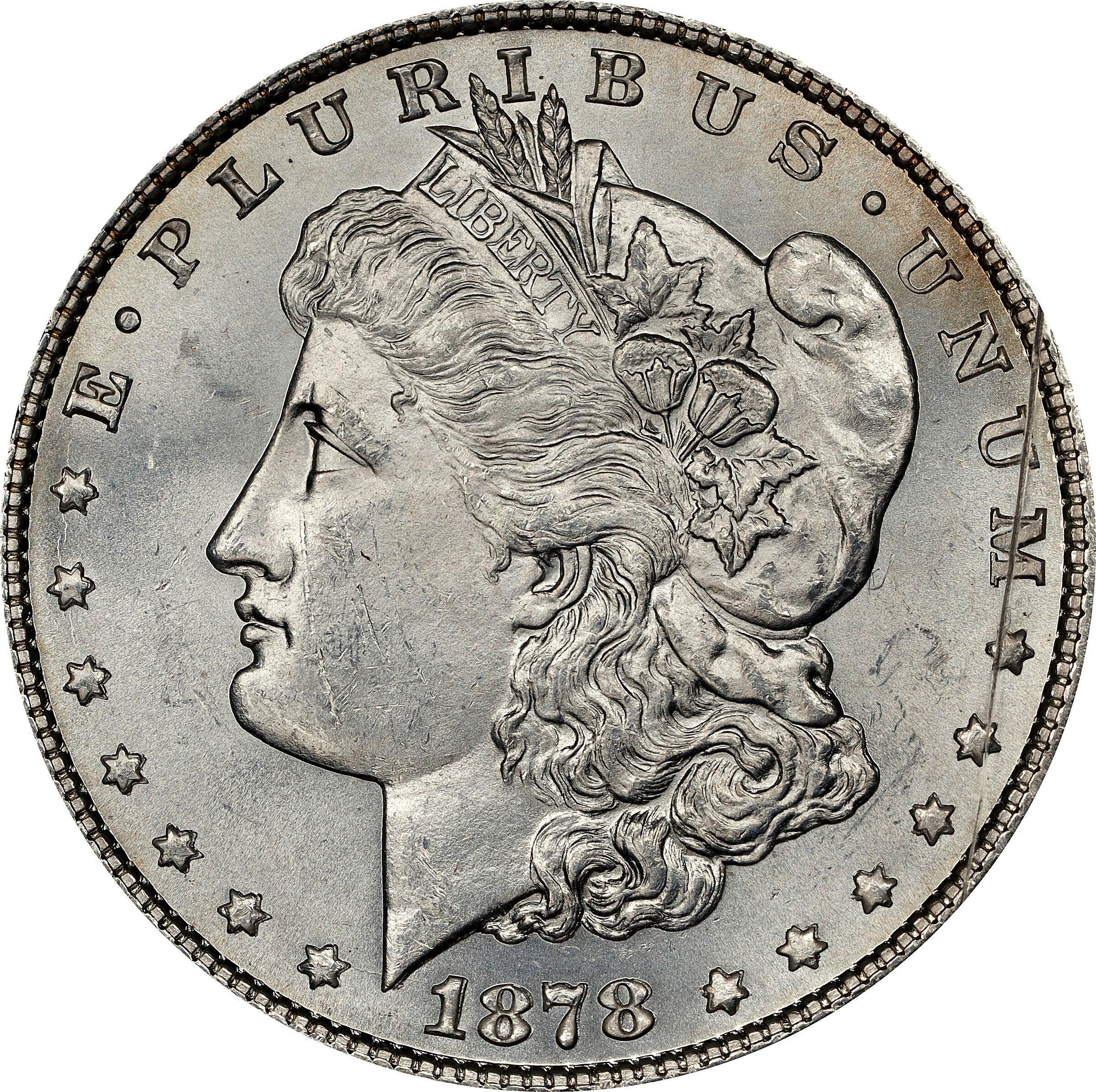 1878 Morgan Silver Dollar. 8 Tailfeathers. VAM-18. MS-60 (ANACS).