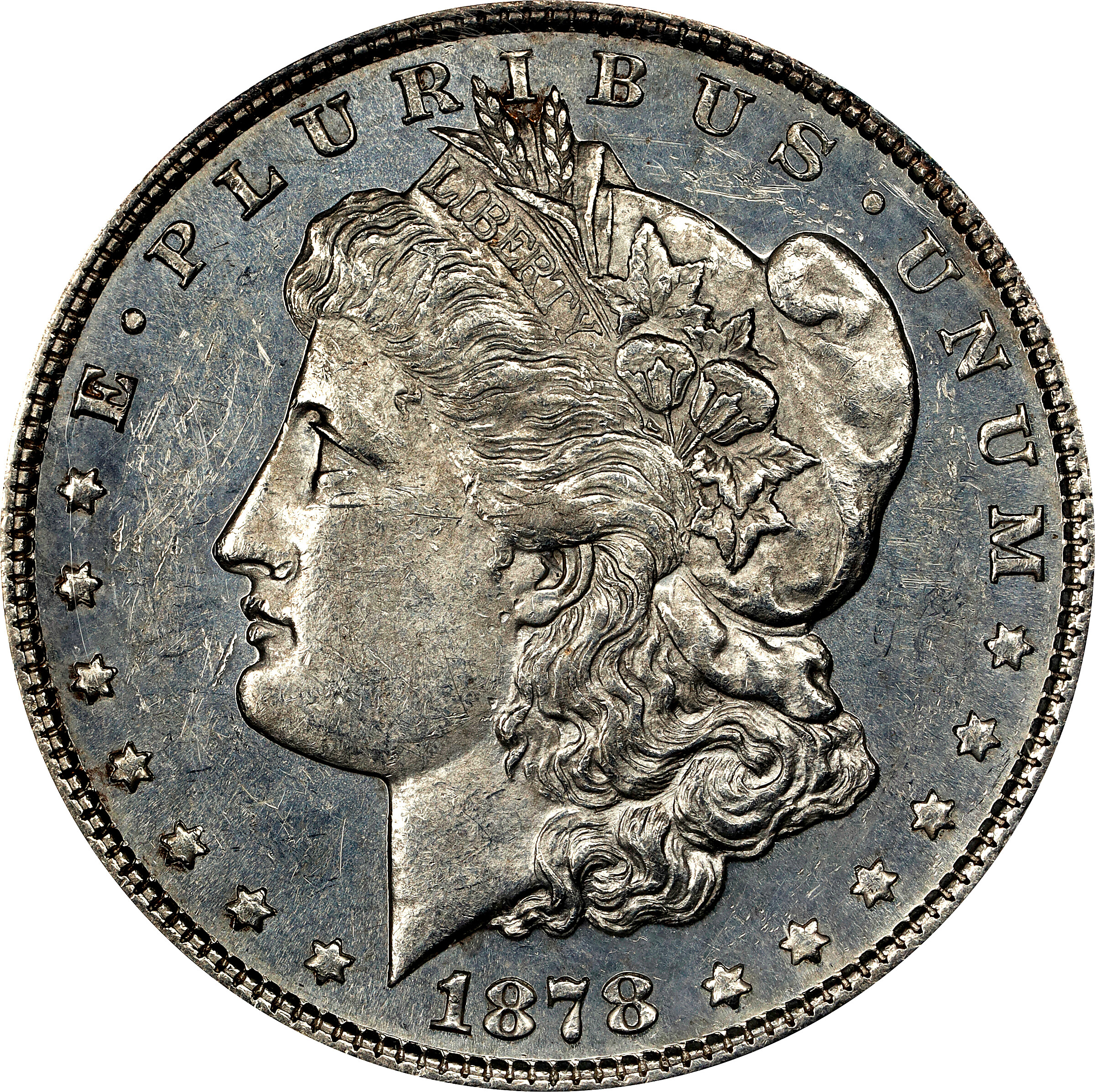 1878 Morgan Silver Dollar. 8 Tailfeathers. VAM-15. Top 100 Variety. Doubled LIBERTY. AU-55 (ANACS).