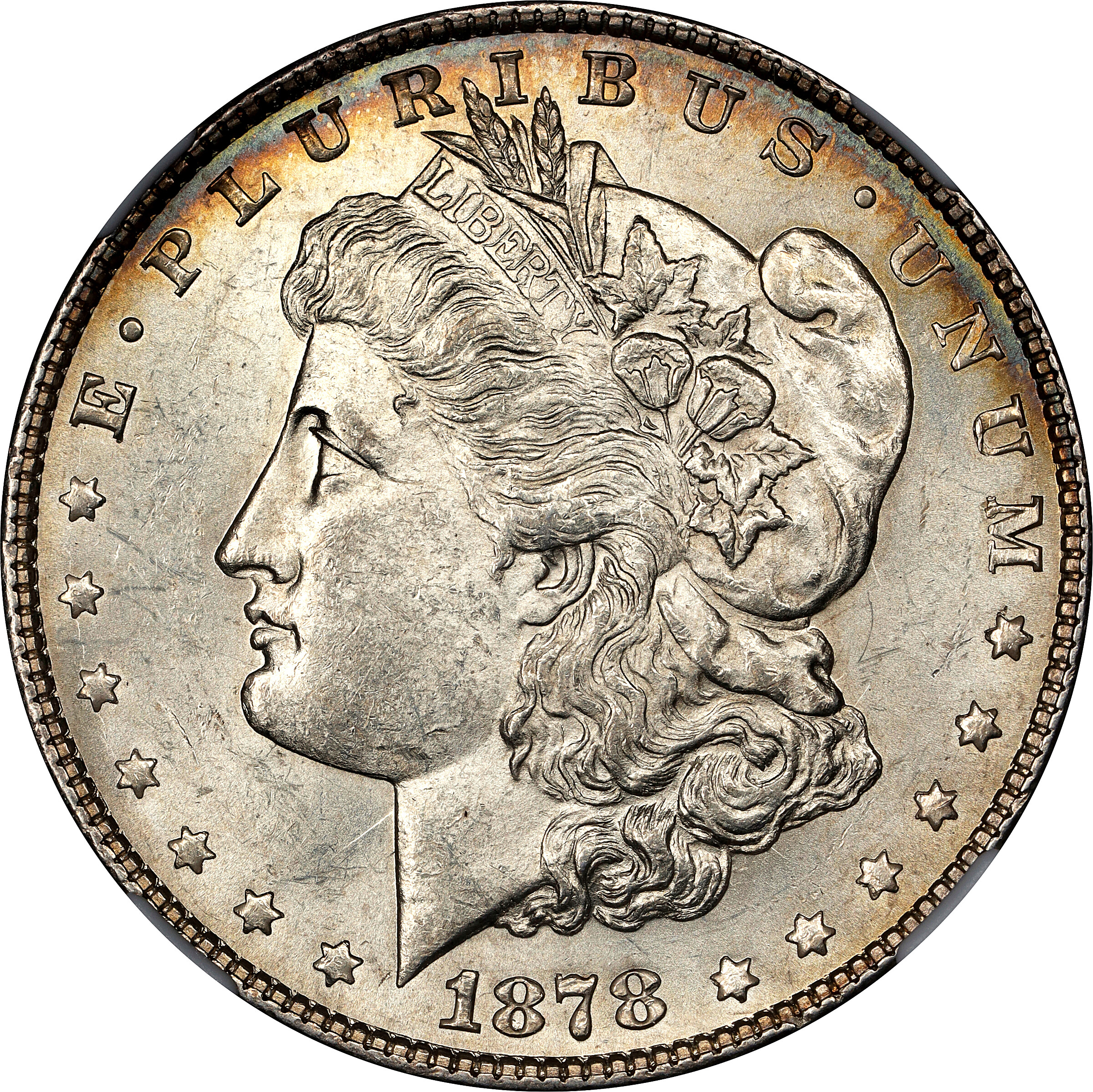 1878 Morgan Silver Dollar. 7/8 Tailfeathers. VAM-42. Strong, 7/7 Tailfeathers. MS-61 (NGC).