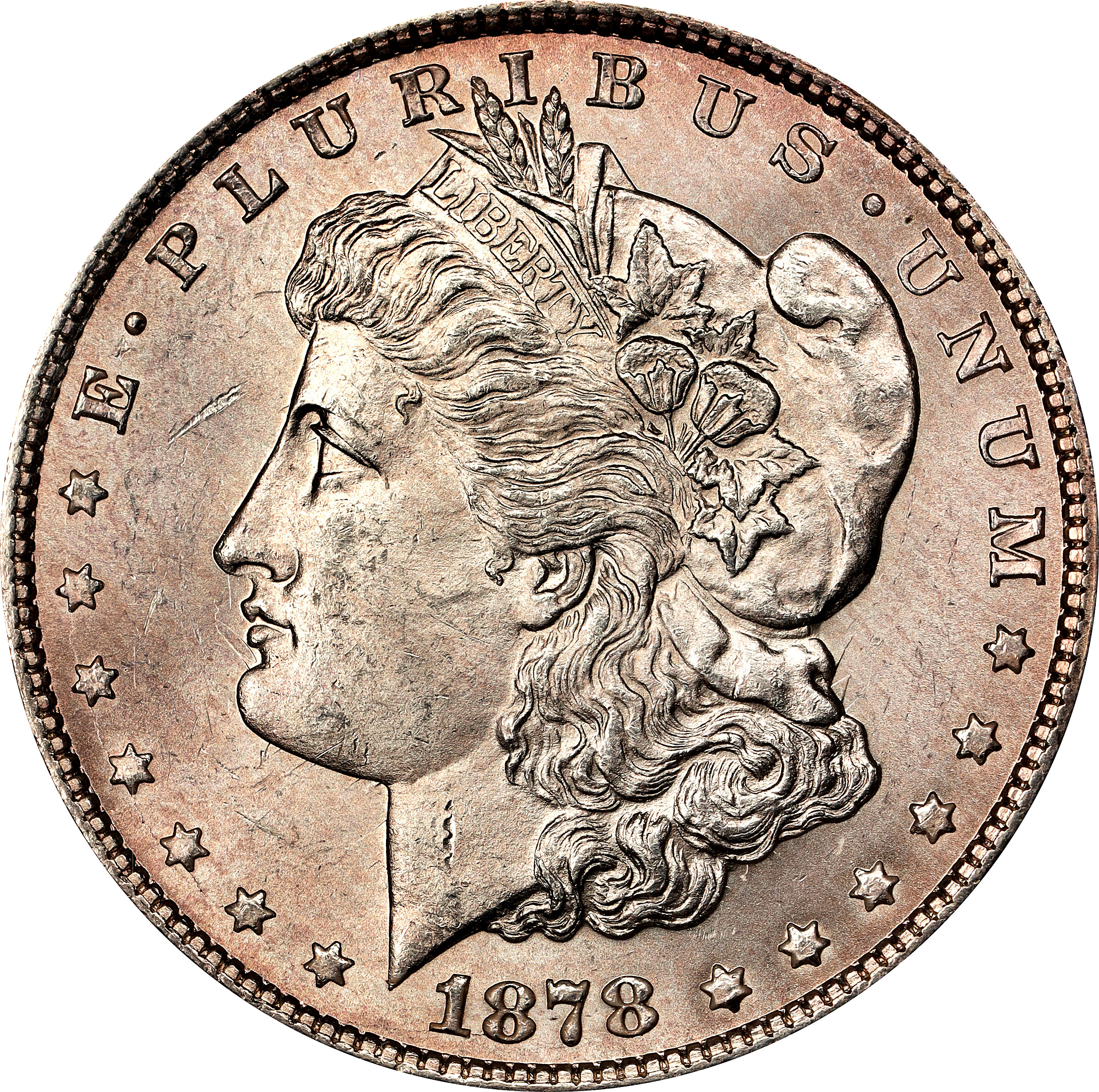 1878 Morgan Silver Dollar. 7/8 Tailfeathers. VAM-41A. Weak, 7/4 Tailfeathers. MS-64 (ANACS). OH.