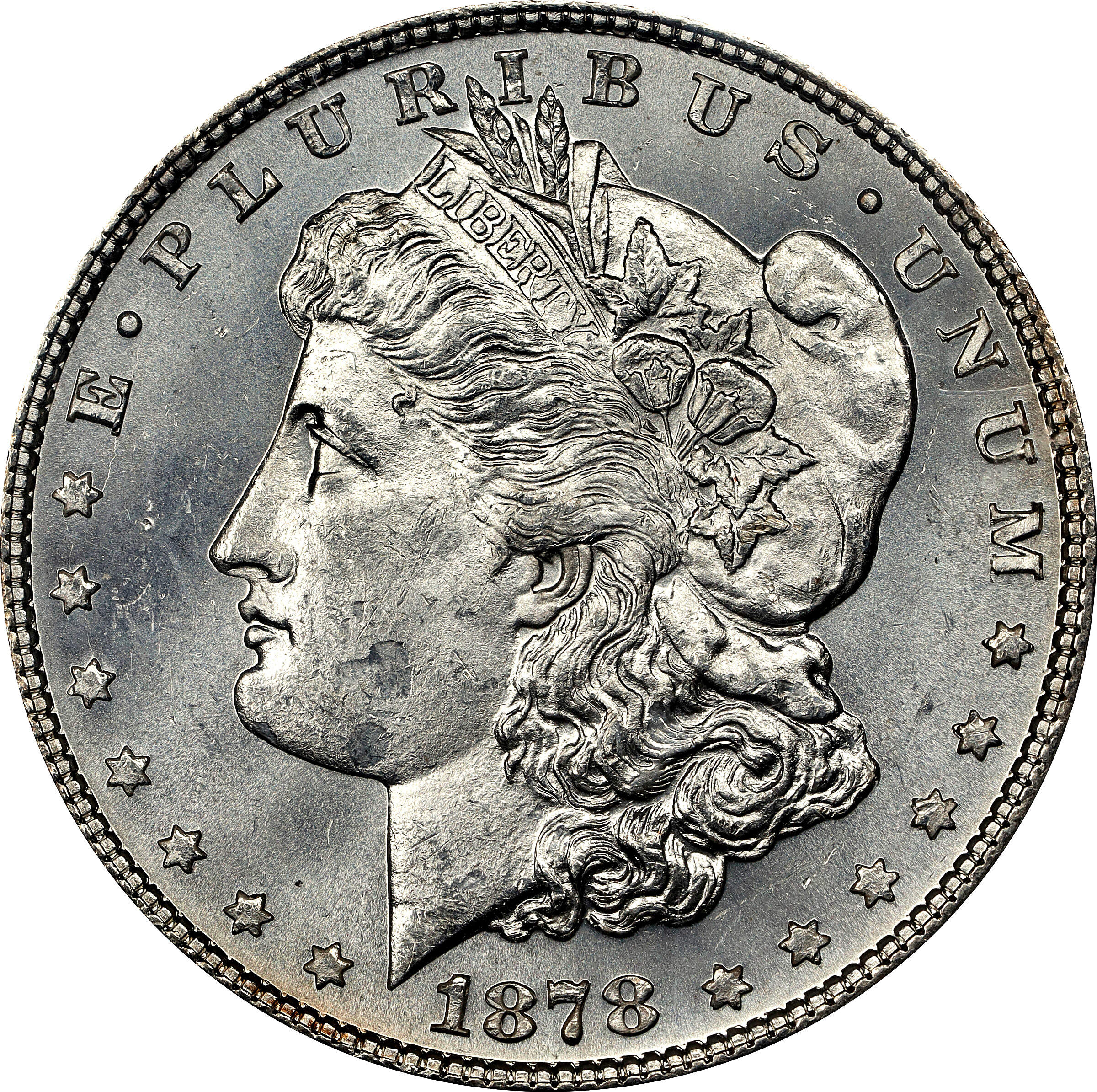1878 Morgan Silver Dollar. 7 Tailfeathers. Reverse of 1878. VAM-31. Lines Thru Leg. MS-63 (PCGS).