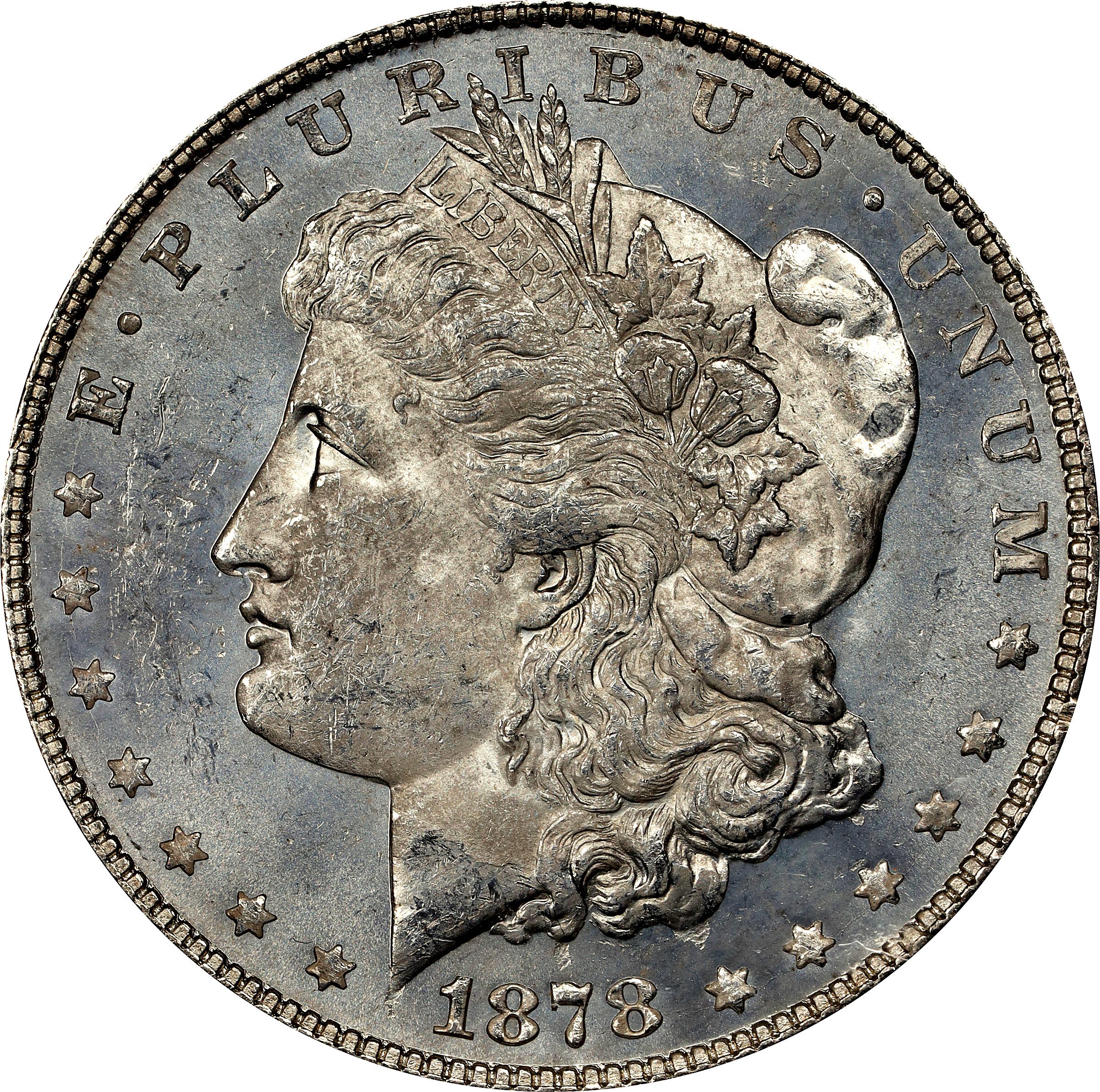 1878 Morgan Silver Dollar. 7 Tailfeathers. Reverse of 1878. VAM-70. Top 100 Variety. Doubled RIB. MS-63 (PCGS).