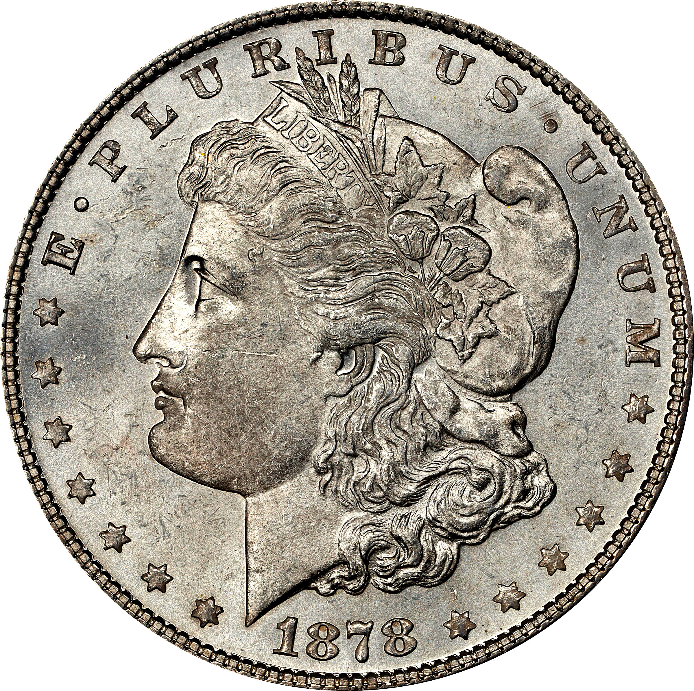 1878 Morgan Silver Dollar. 7 Tailfeathers. Reverse of 1878. VAM-81. Polished Ear. MS-63 (PCGS).