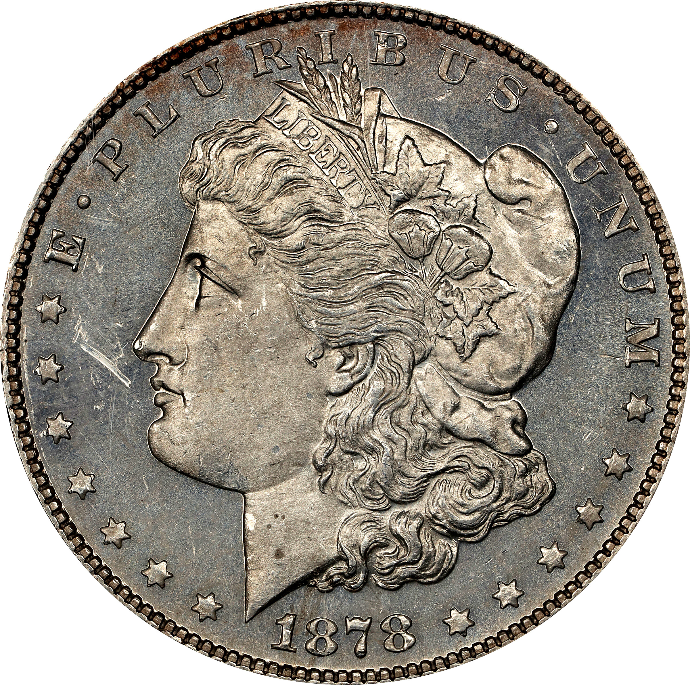 1878 Morgan Silver Dollar. 7 Tailfeathers. Reverse of 1878. VAM-45. Top 100 Variety. Doubled Talons. MS-62 (PCGS).