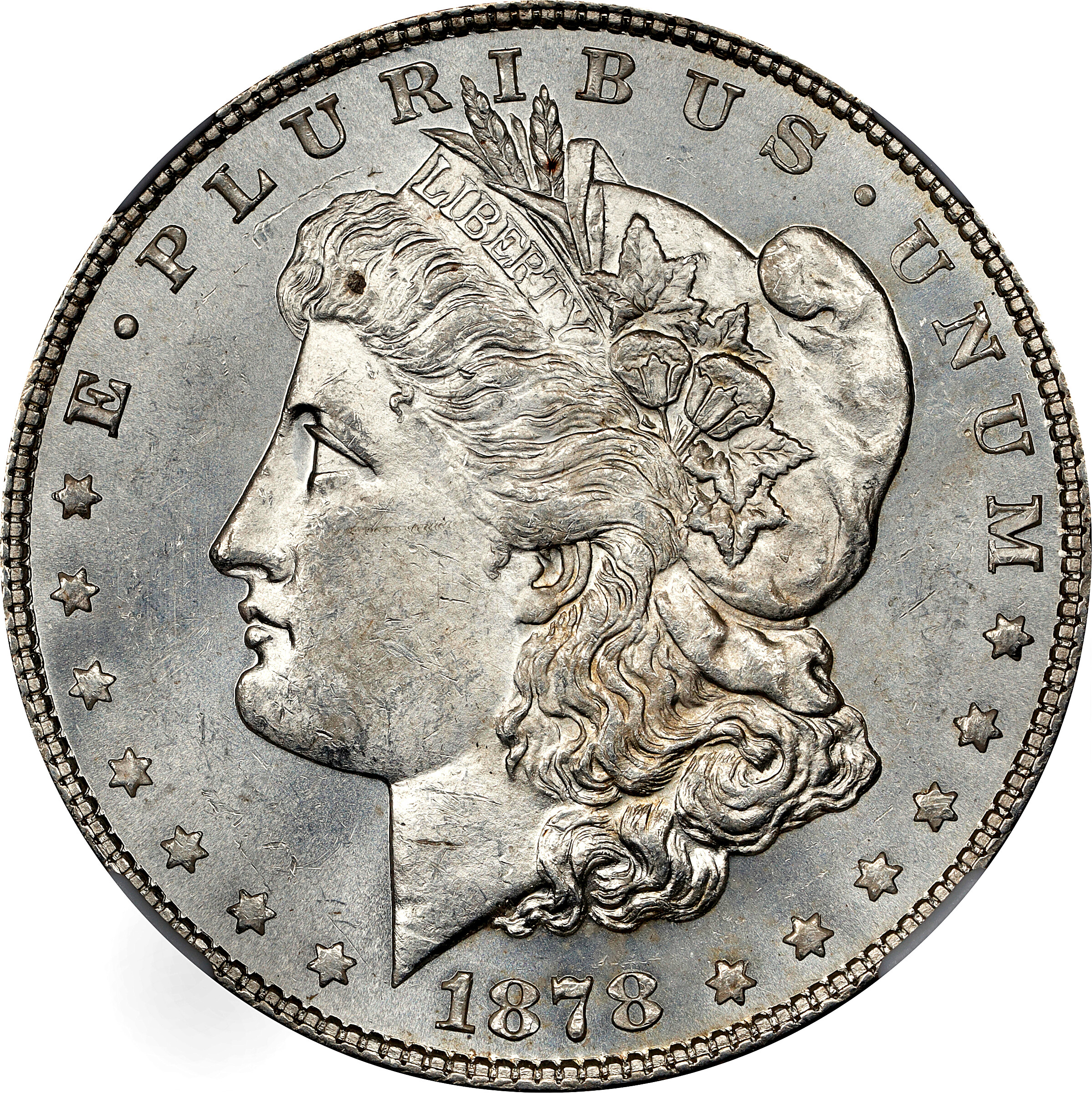 1878 Morgan Silver Dollar. 7 Tailfeathers. Reverse of 1878. VAM-82. Doubled Stars, Disconnected Leaf. MS-62 (NGC).