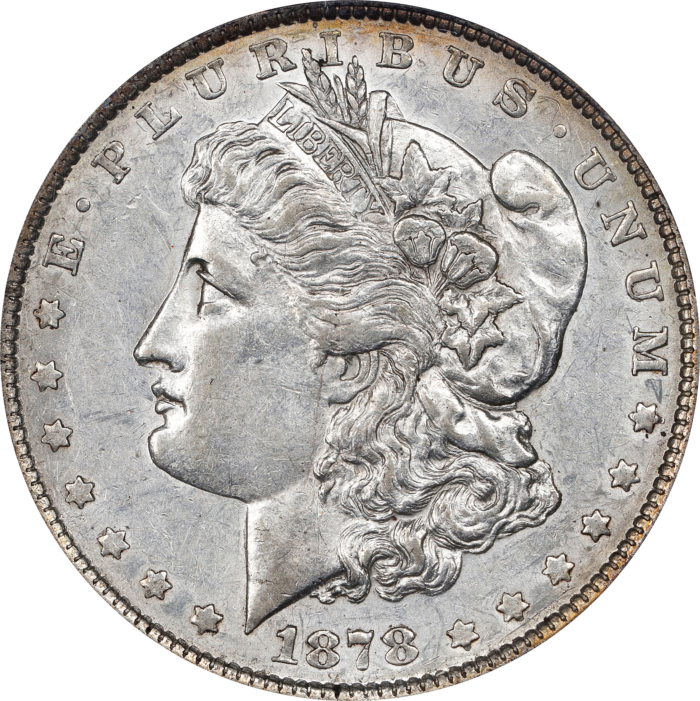 1878 Morgan Silver Dollar. 7 Tailfeathers. Reverse of 1879. VAM-220. Top 100 Variety. Tripled R. AU-50 (PCGS).