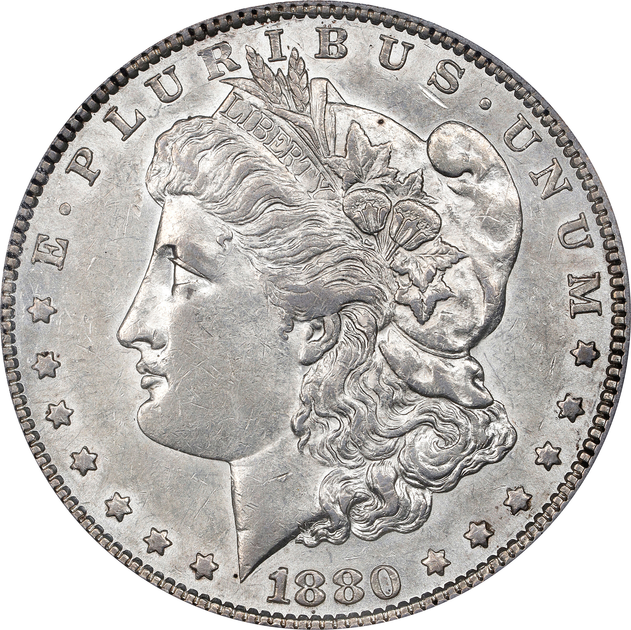 1880 Morgan Silver Dollar. VAM-7. Top 100 Variety. 8/7, Crossbar Overdate. AU-53 (PCGS).