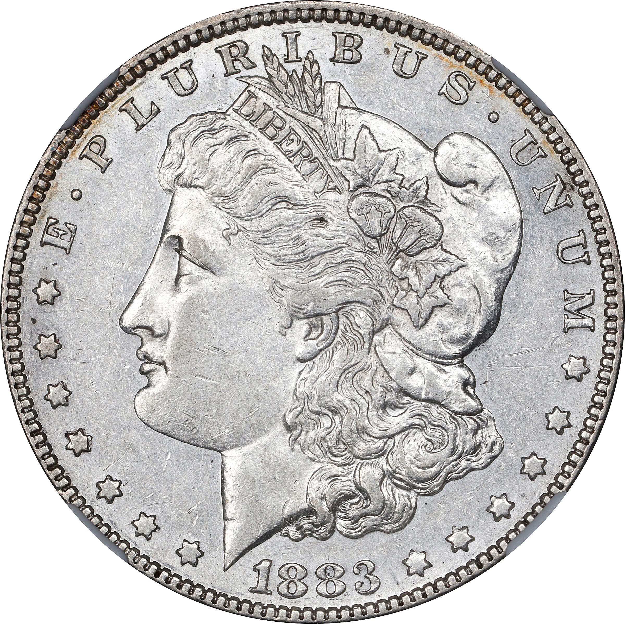 1883 Morgan Silver Dollar. VAM-10. Top 100 Variety. Doubled Die Obverse, Sextupled Stars. AU-53 (NGC).