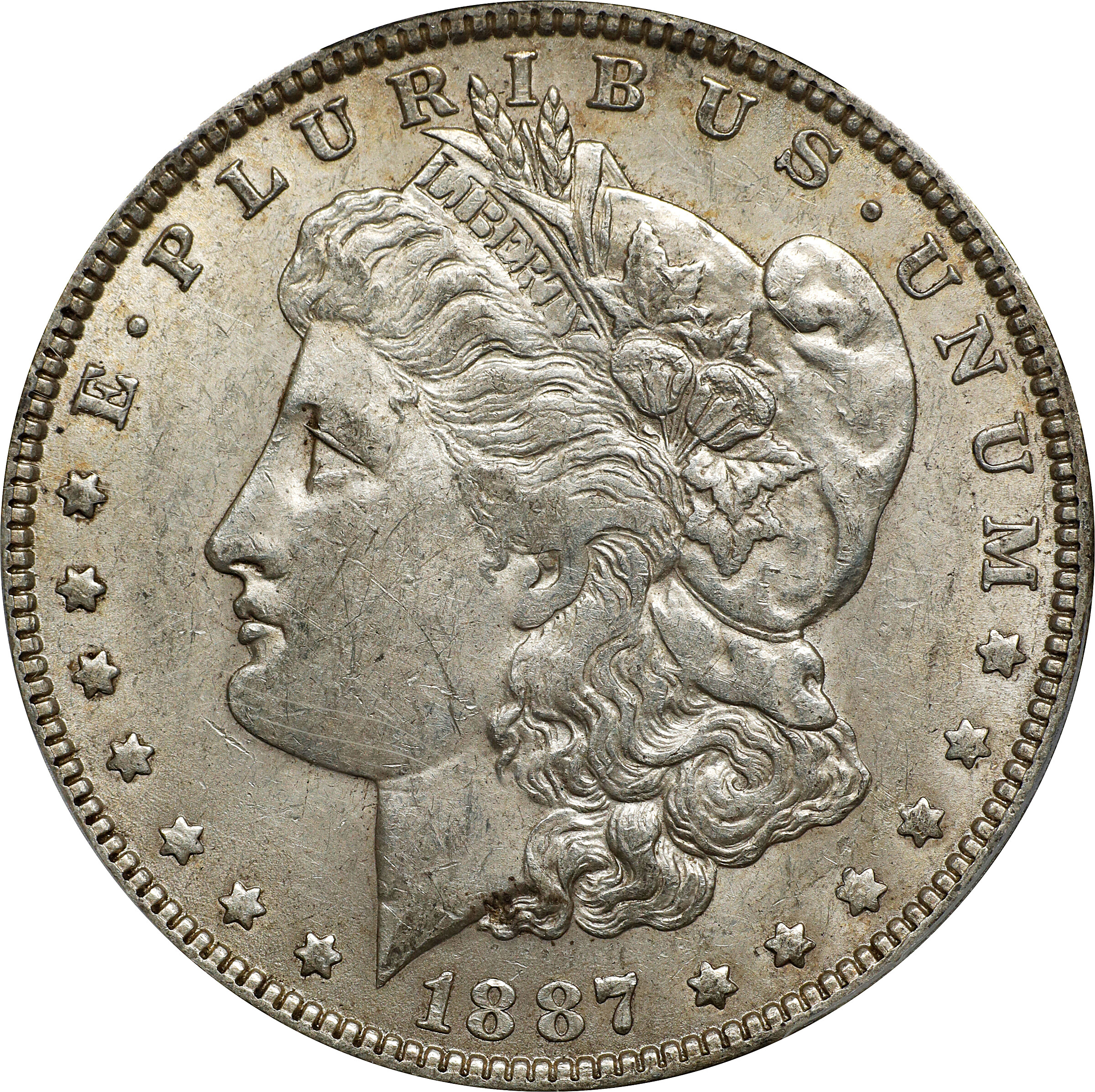 1887 Morgan Silver Dollar. VAM-1A. Top 100 Variety. Donkey Tail. AU-53 (PCGS).