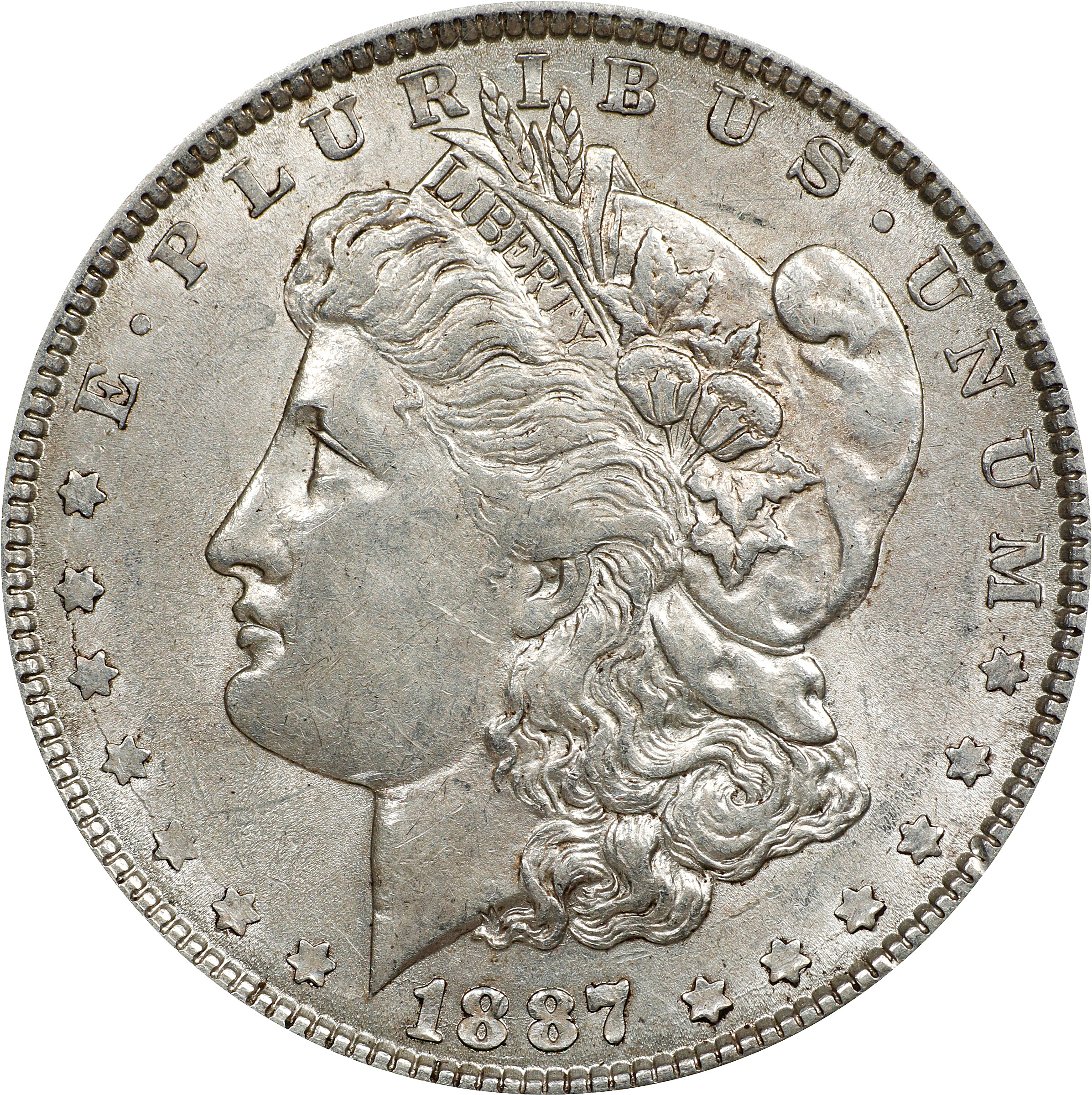 1887 Morgan Silver Dollar. VAM-1B. Hot 50 Variety. Partial E on Reverse. AU-53 (ANACS).