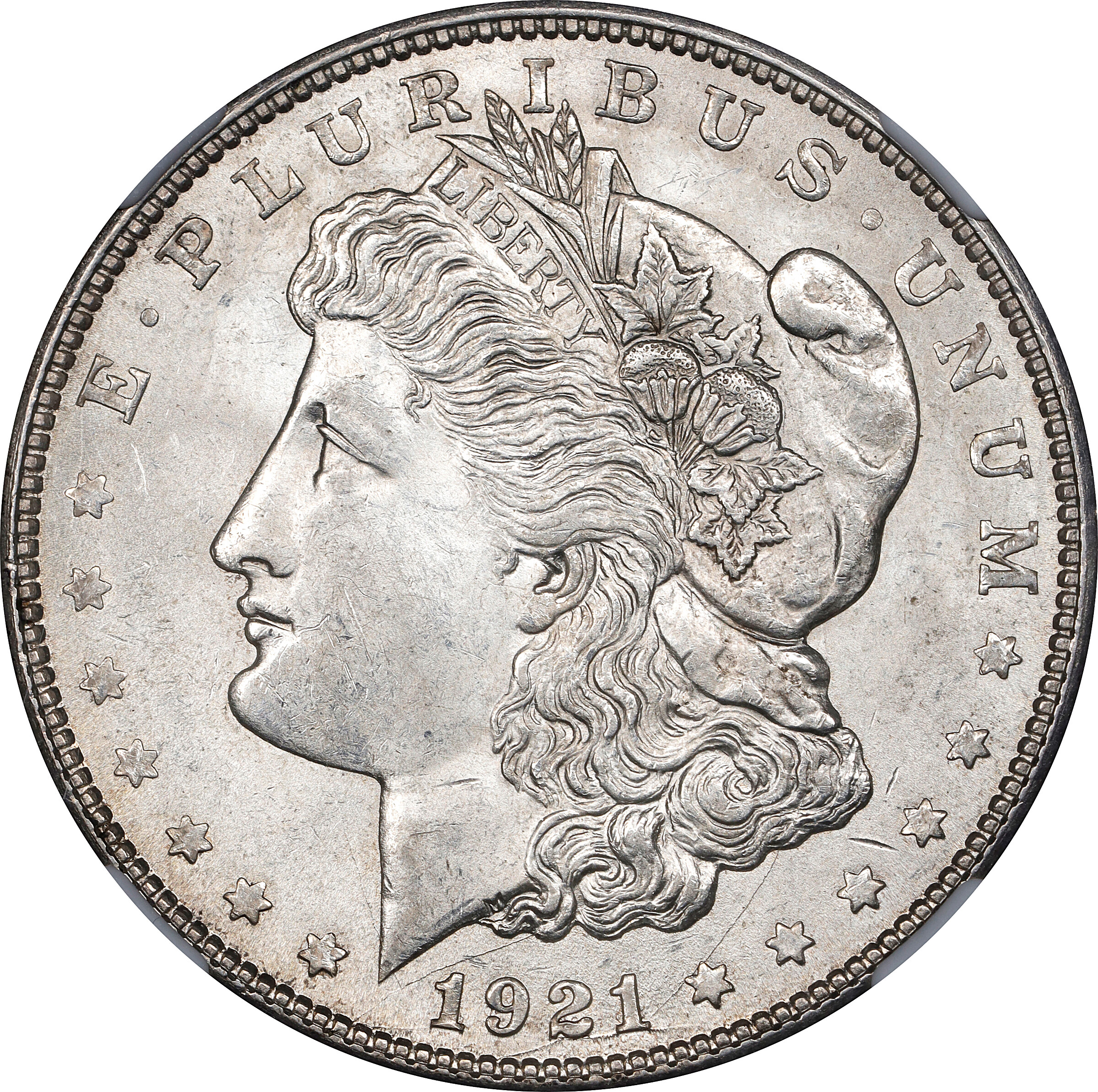 1921-D Morgan Silver Dollar. VAM-1N2. Hit List 40. Unicorn. MS-63 (NGC).