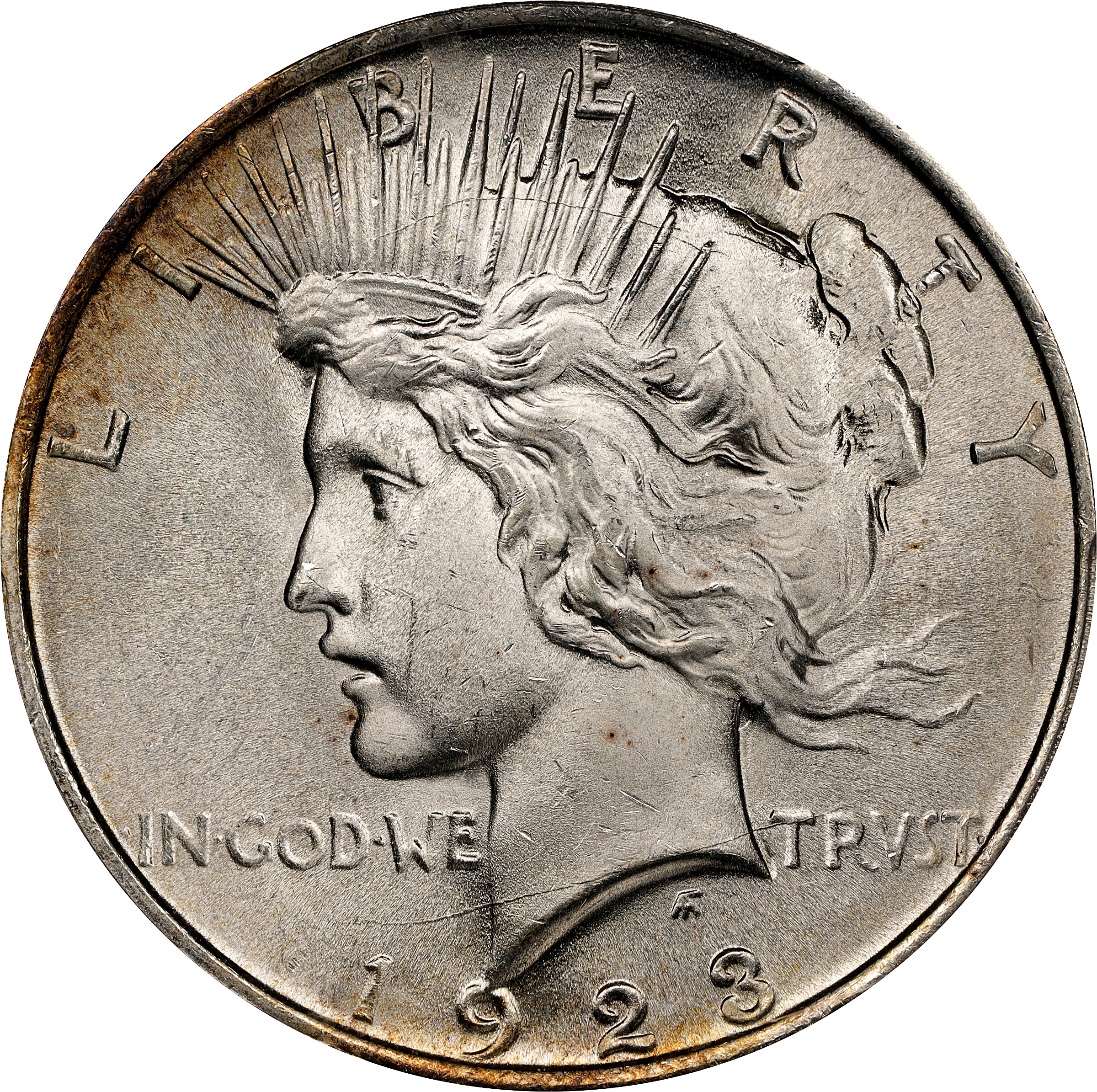 1923 Peace Silver Dollar. VAM 1-O. Top 50 Variety. Bar Wing. MS-63+ (PCGS).