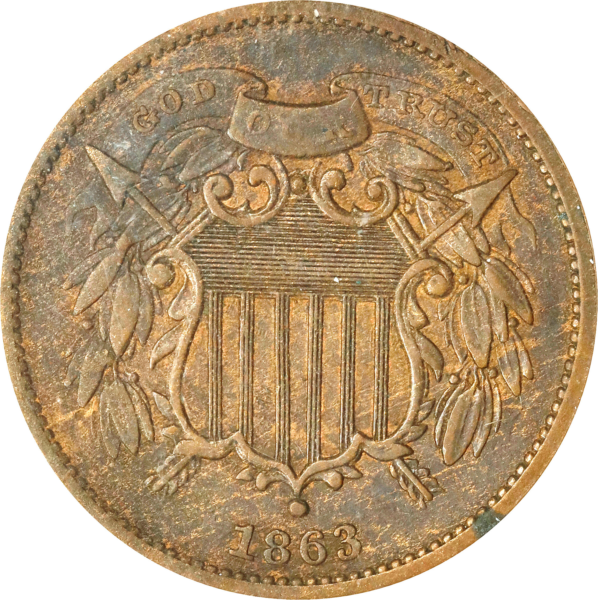 1863 Pattern Two-Cent Piece. Judd-312, Pollock-377. Rarity-4. Bronze. Plain Edge. Proof-40 (ANACS).