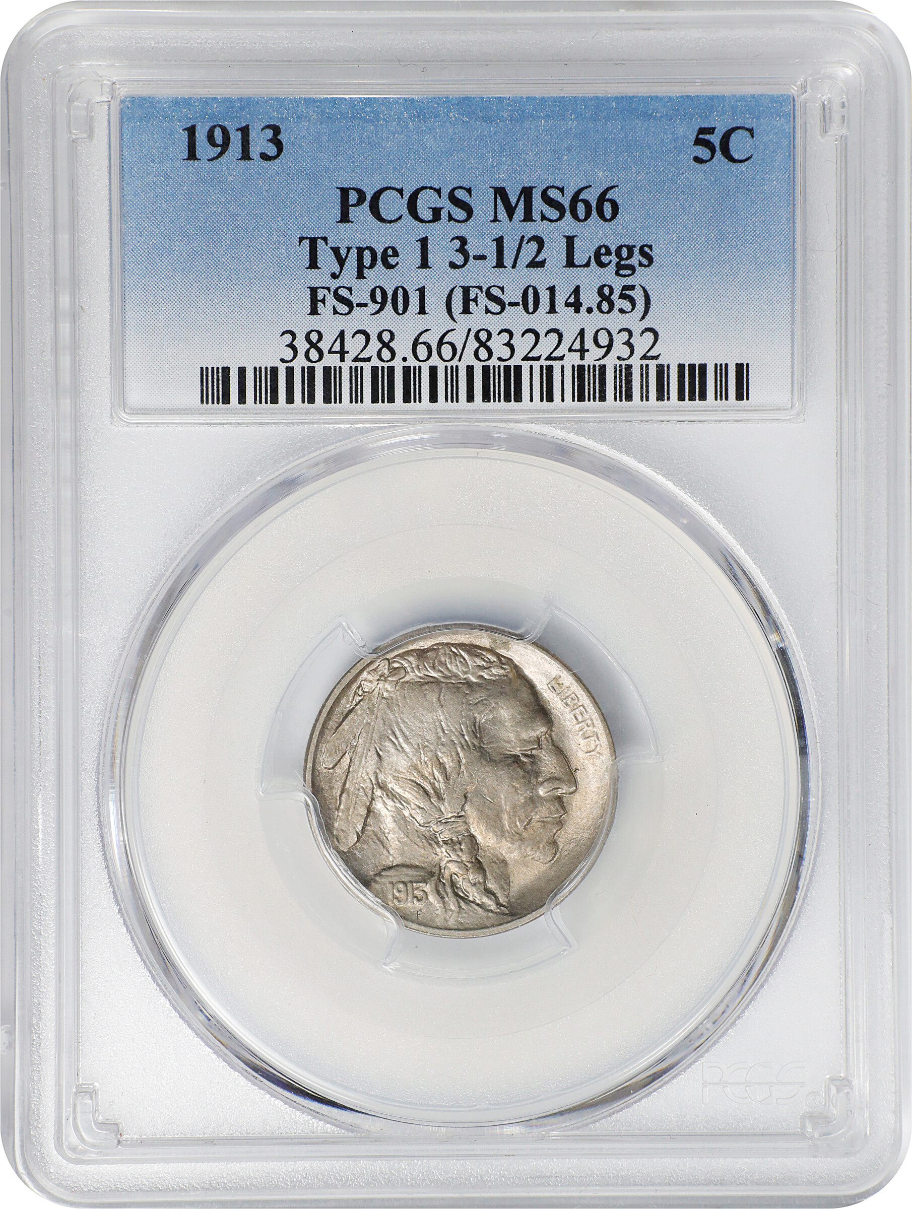 1913 5c Buffalo, Type 1, 3 1/2 Legs, FS-901 MS66 CAC thumbnail 5
