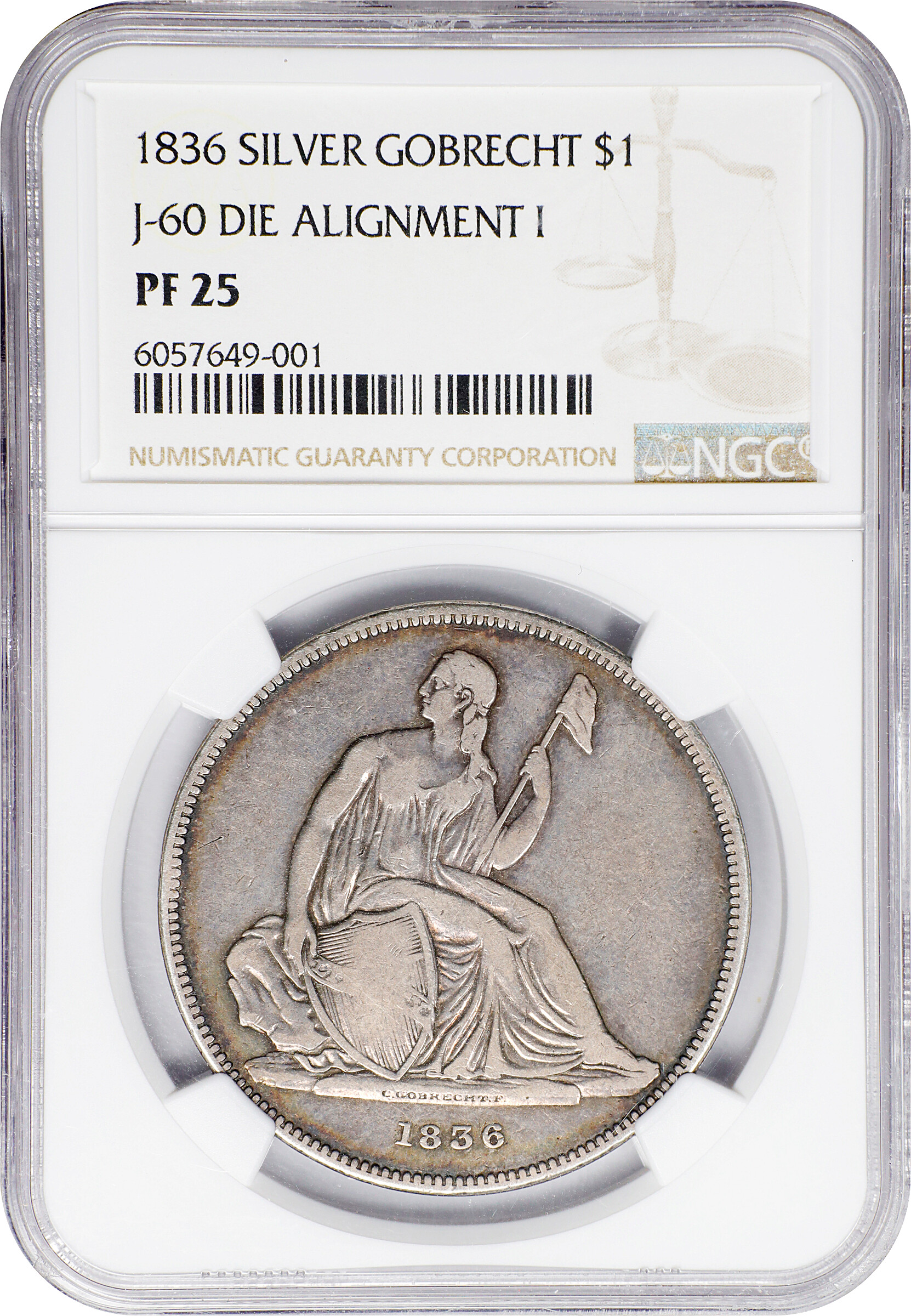 1836 $1  Gobrecht, No Stars Obverse, Original, Alignment I, Plain Edge, J-60 VF25 CAC thumbnail 3