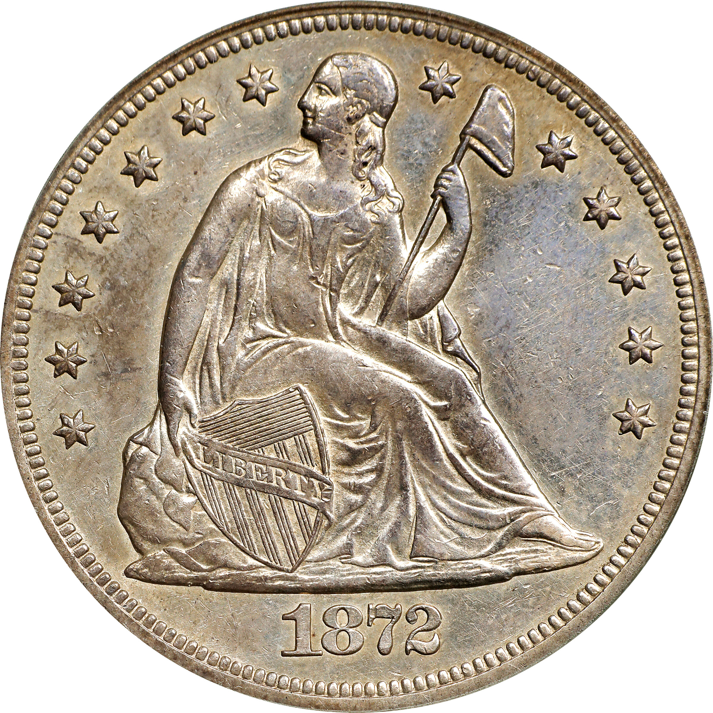 1872-CC Liberty Seated Silver Dollar. OC-1, the only known dies. Rarity-3+. AU-50 (PCGS). OGH.