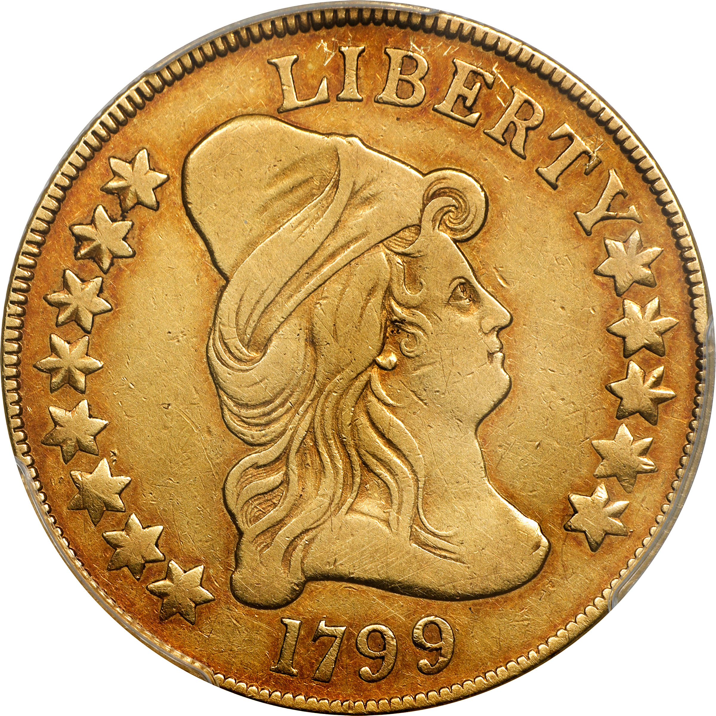 1799 Capped Bust Right Eagle. BD-10, Taraszka-22. Rarity-3. Large Obverse Stars. VF-35 (PCGS).