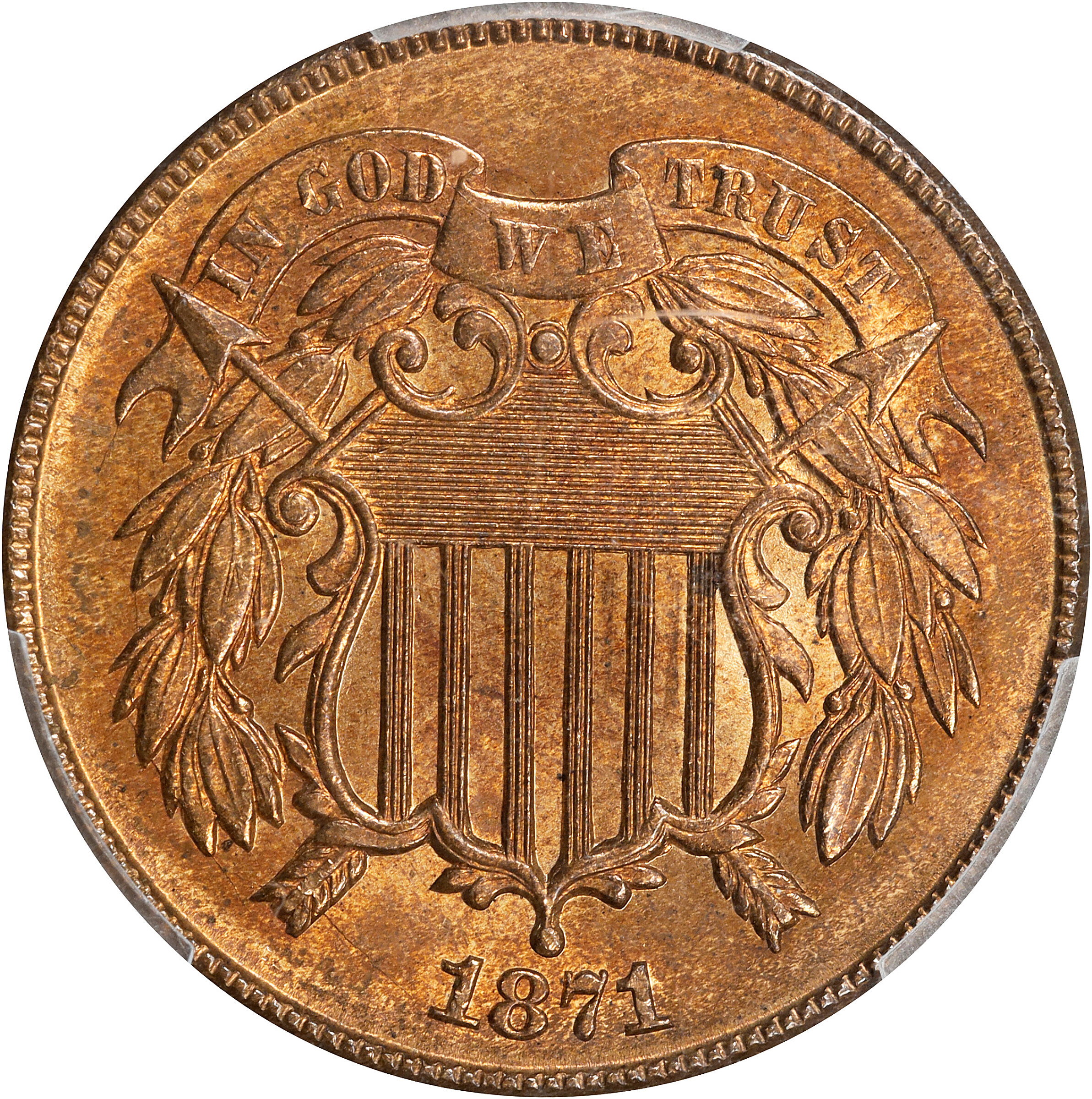 1871 Two-Cent Piece. MS-65 RB (PCGS). CAC.