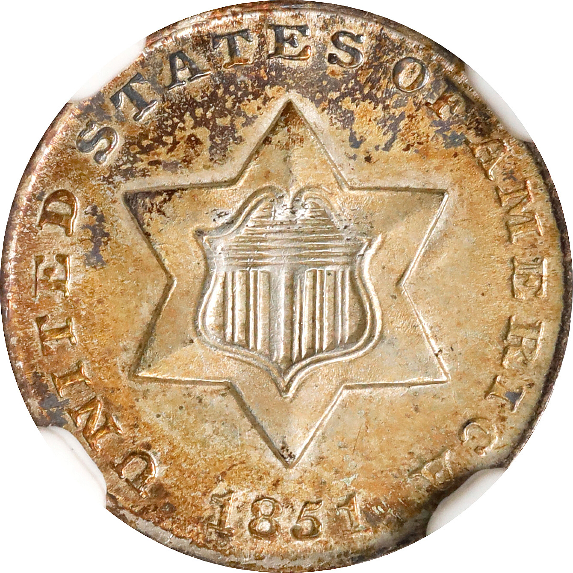 1851 Silver Three-Cent Piece. FS-301. Repunched Date, 18/18. MS-66 (NGC).