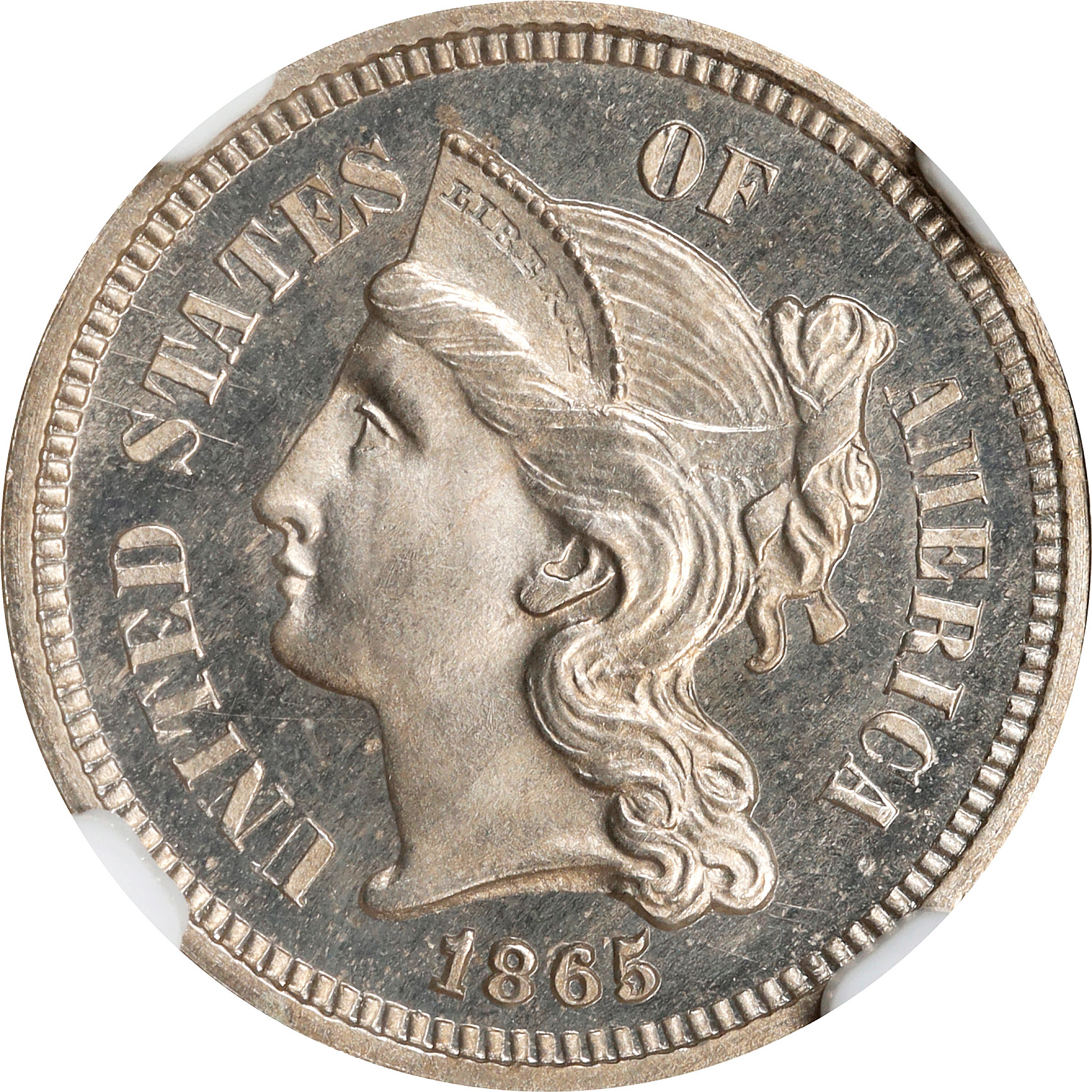 1865 Nickel Three-Cent Piece. Proof-64+ Cameo (NGC).