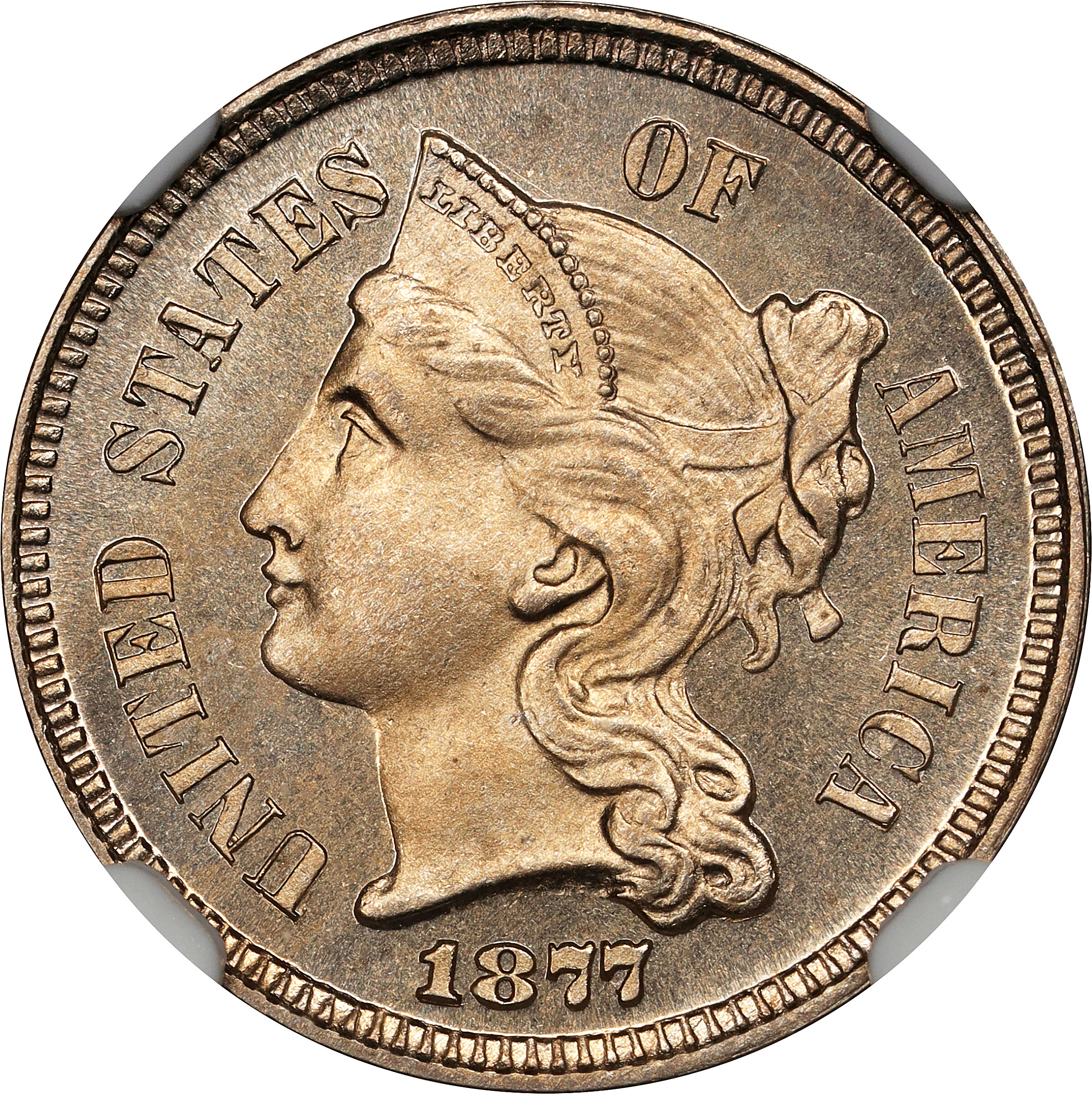 1877 Nickel Three-Cent Piece. Proof-65 Cameo (NGC).