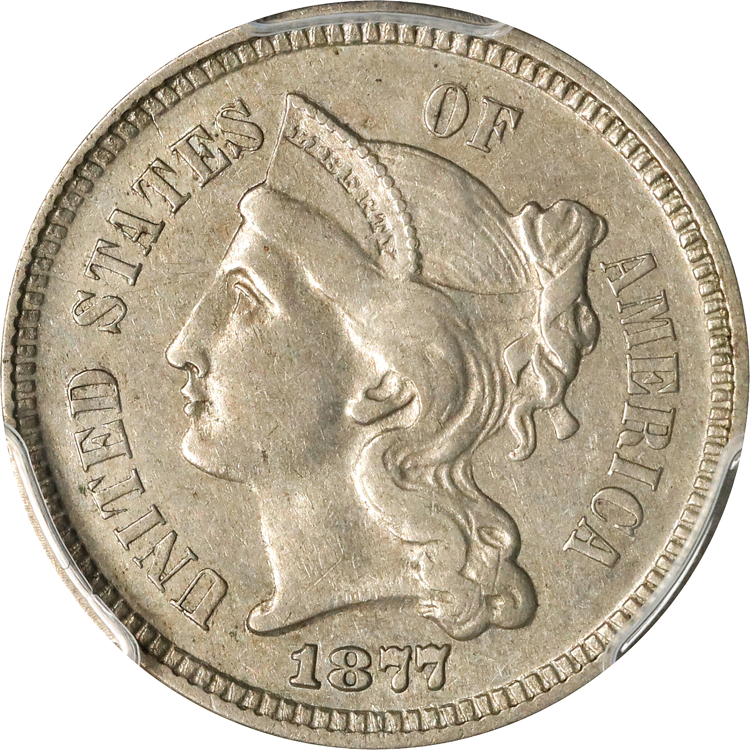 1877 Nickel Three-Cent Piece. Proof-50 (PCGS).