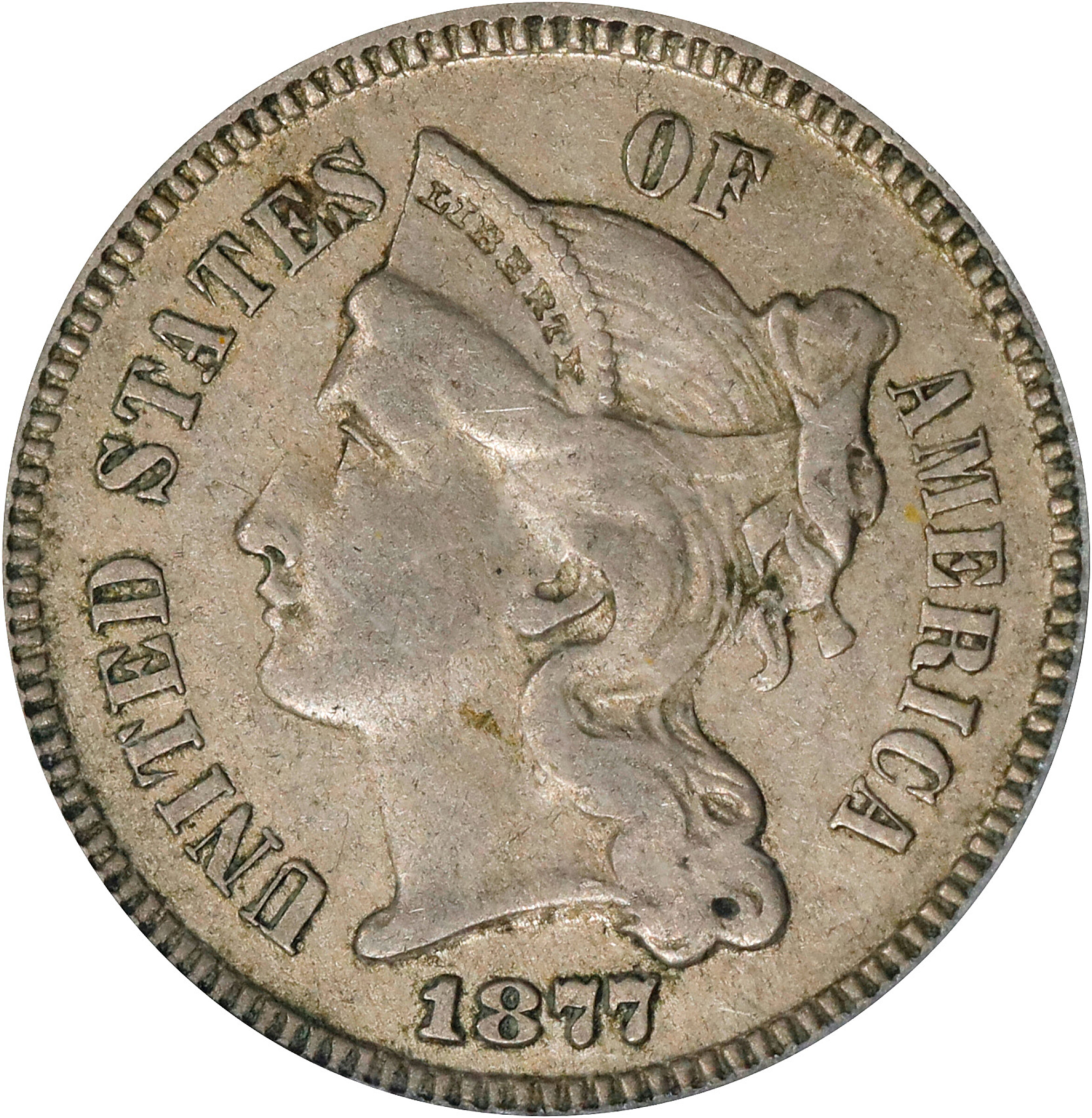 1877 Nickel Three-Cent Piece. Proof-45 (PCGS).
