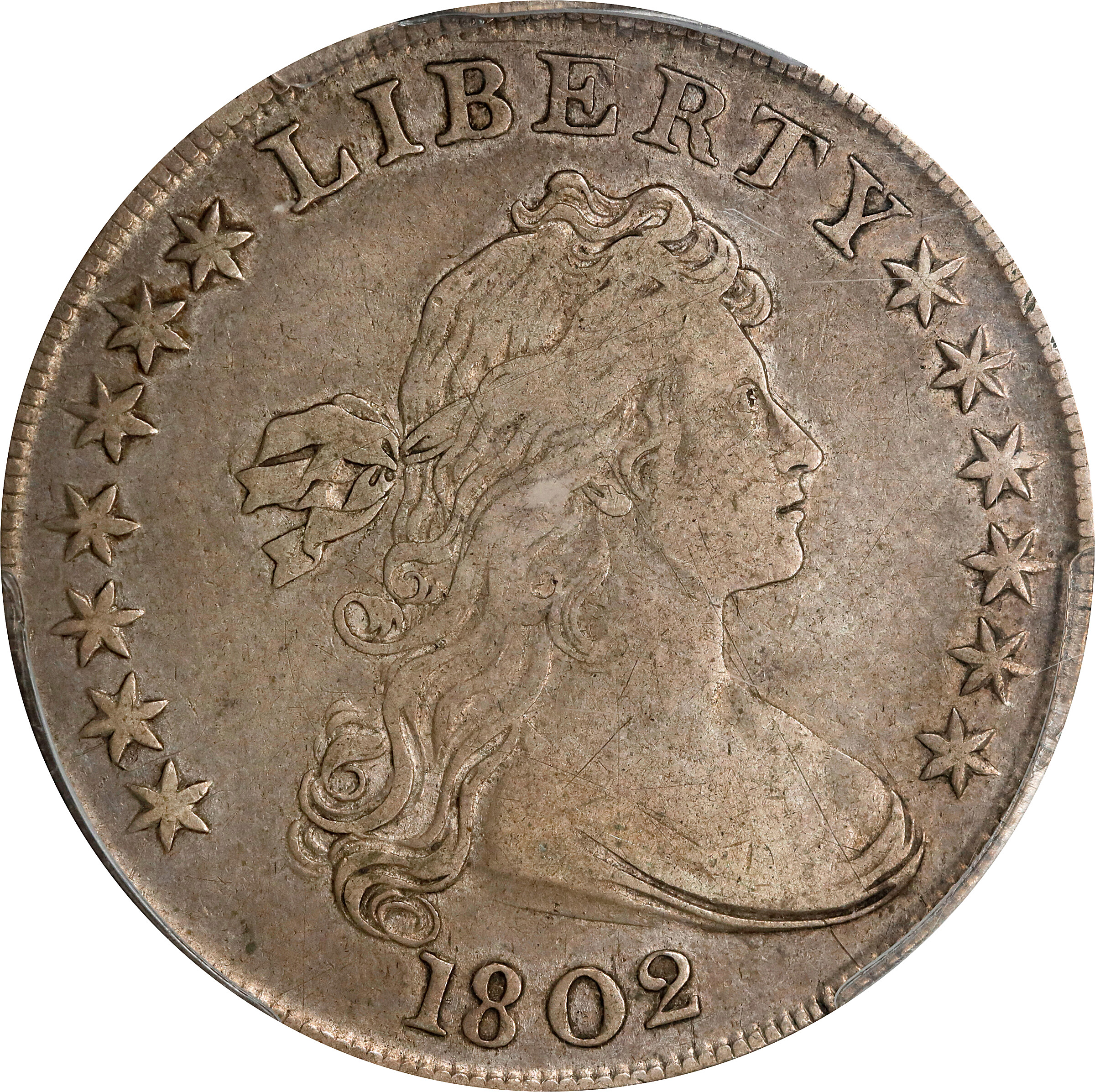 1802 Draped Bust Silver Dollar. BB-241, B-6. Rarity-1. Narrow Date. VF-25 (PCGS). CAC.