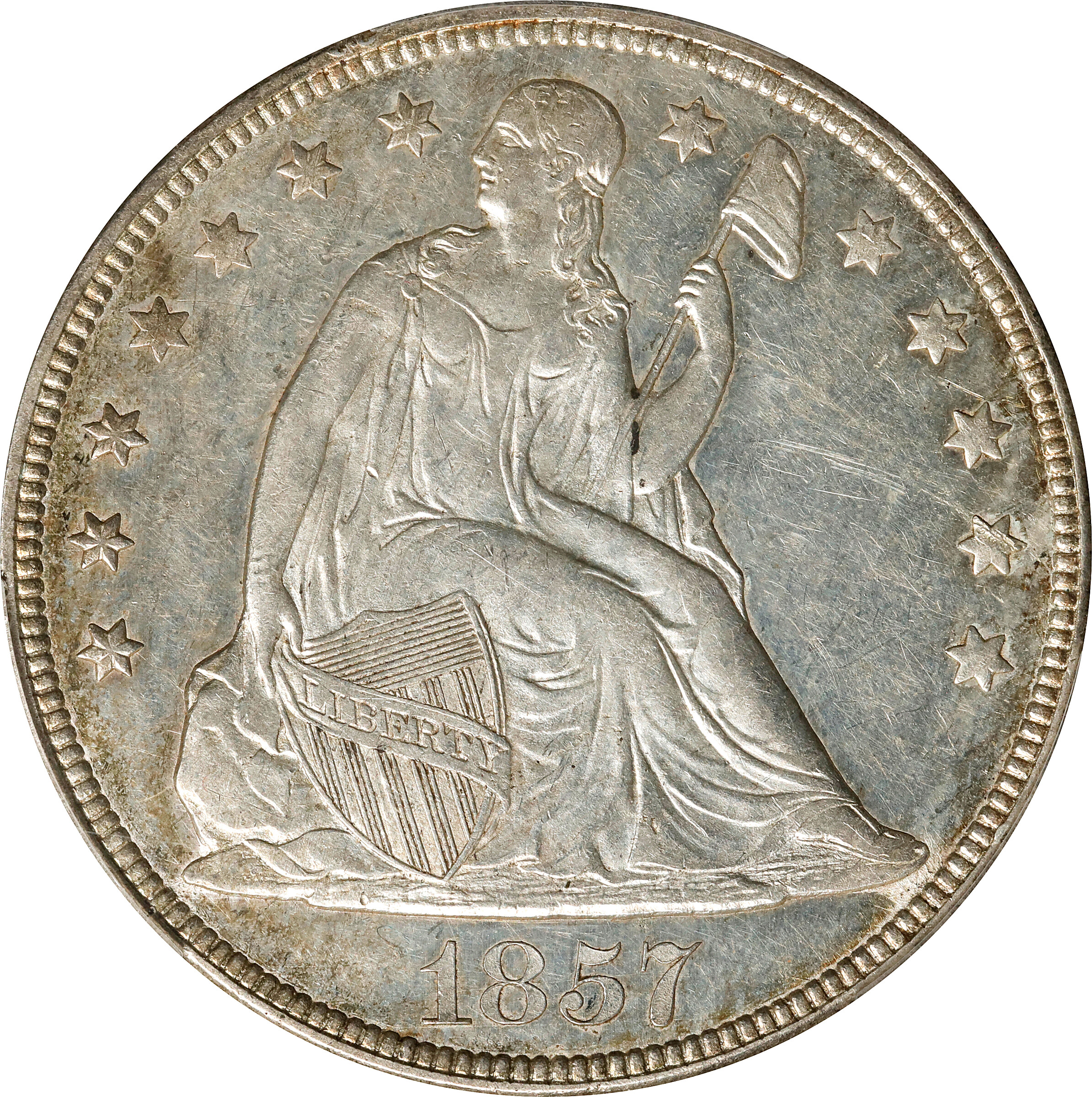 1857 Liberty Seated Silver Dollar. OC-2. Rarity-3. AU-58 (PCGS).