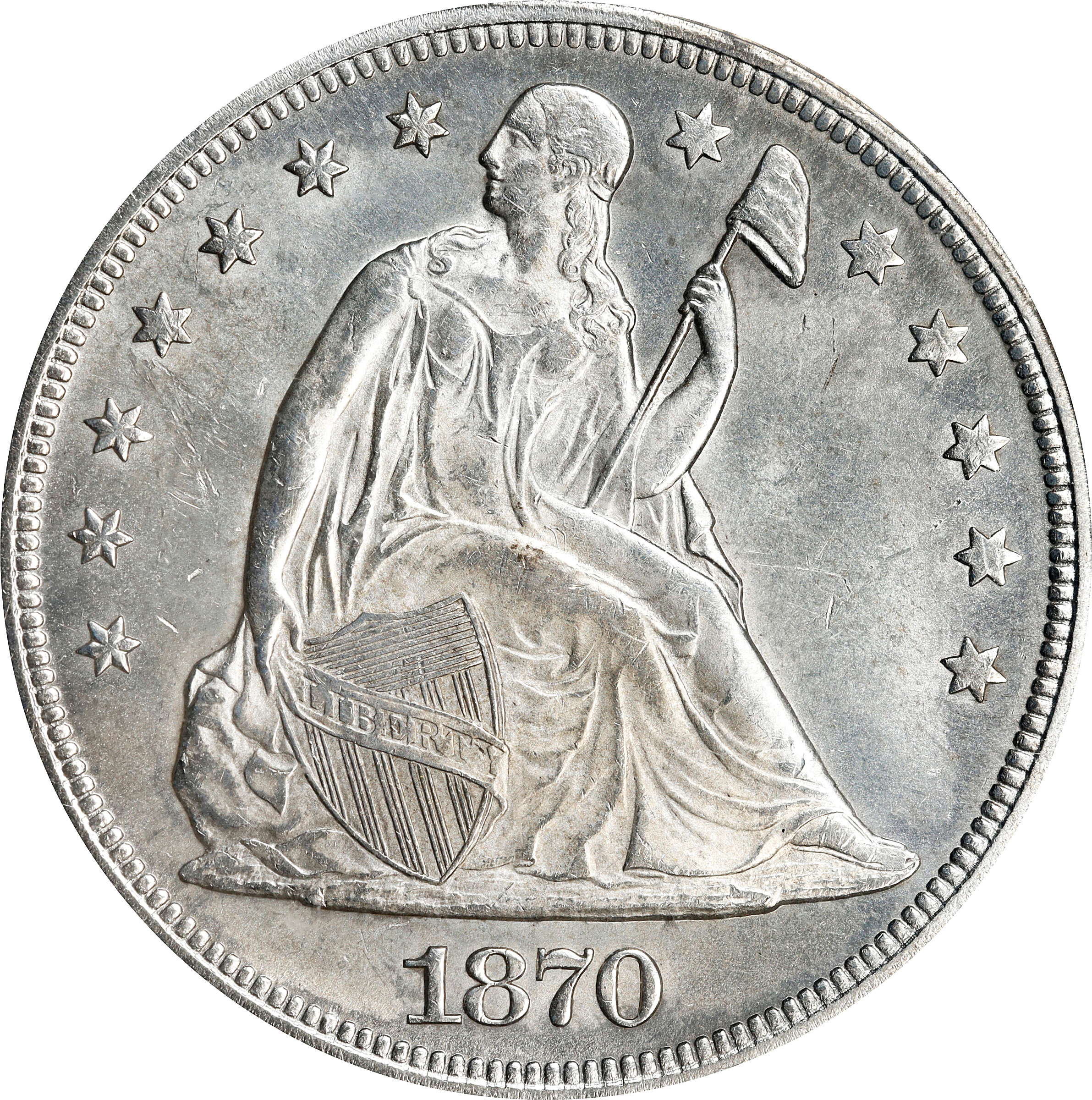 1870 Liberty Seated Silver Dollar. OC-6. Rarity-2. MS-63 (PCGS). OGH.